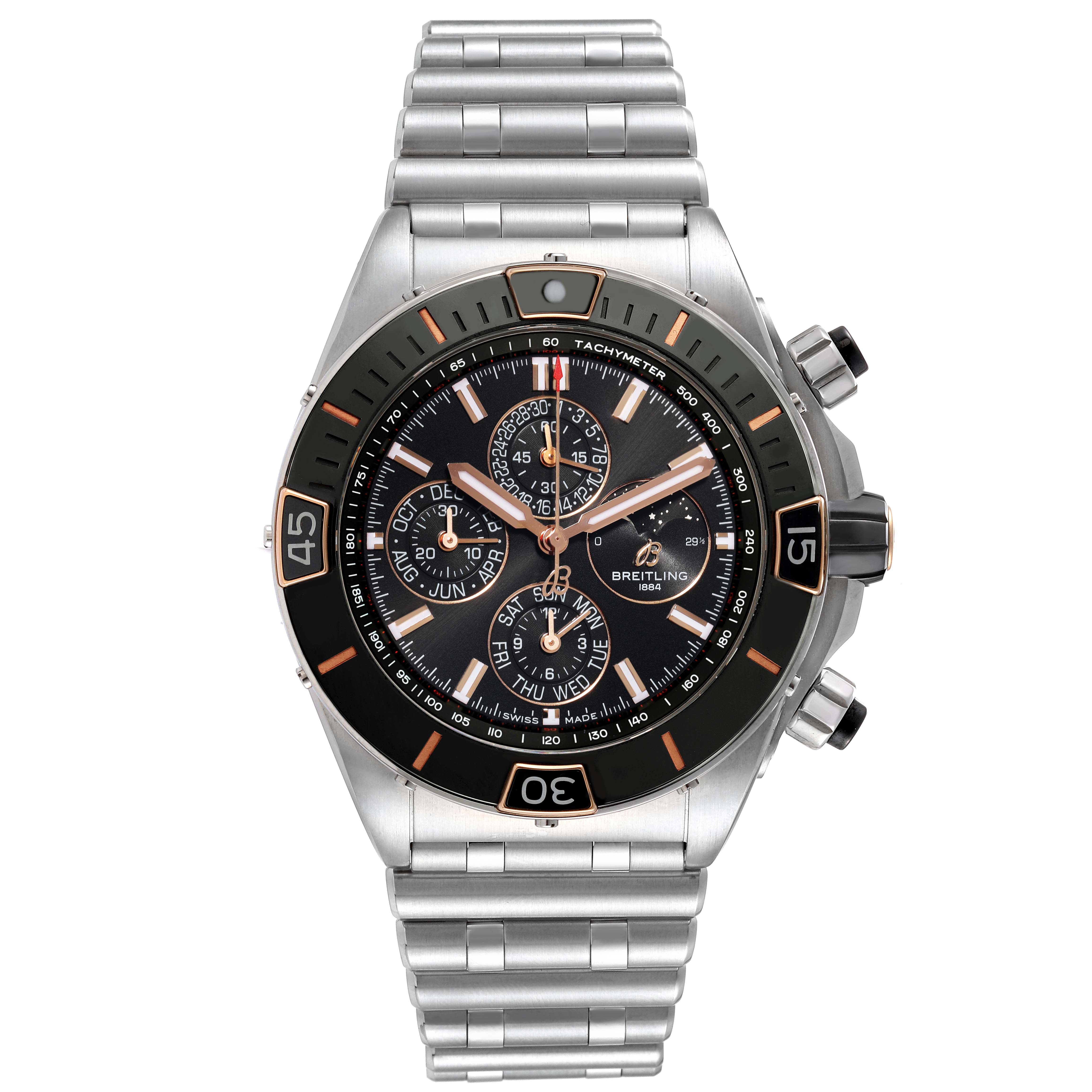 This image shows a Breitling Chronomat I19320 Men's Stainless Steel Black Dial I19320 Men's Stainless Steel Black Dial watch from a front angle, displaying its face, bezel, subdials, and metal bracelet.