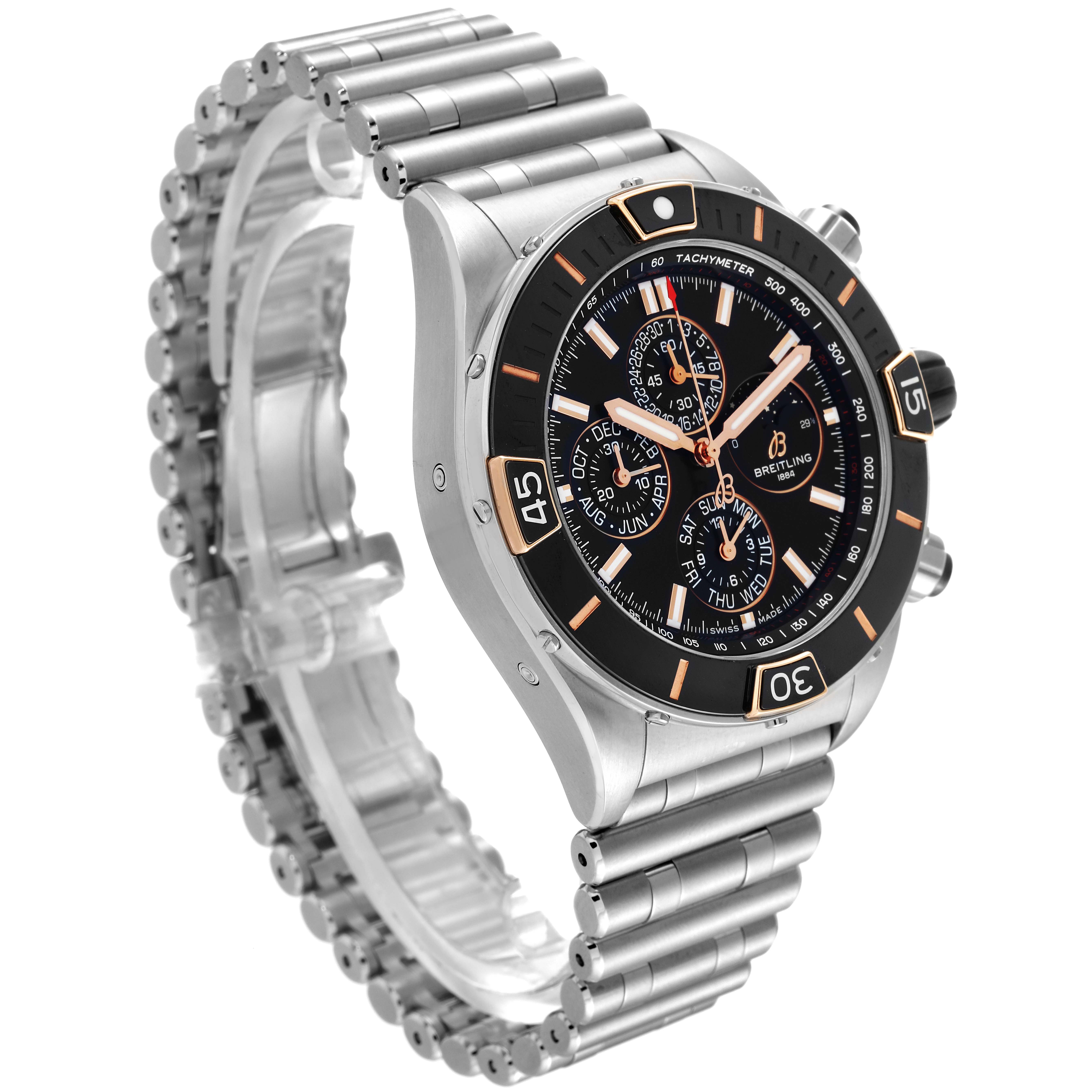 The image shows a side and front angle view of the Breitling Chronomat I19320 Men's Stainless Steel Black Dial I19320 Men's Stainless Steel Black Dial watch, highlighting its dial, bezel, and part of the bracelet.