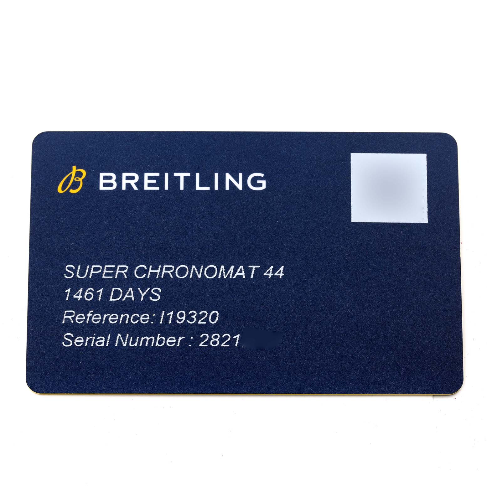 This image shows a warranty card for the Breitling Super Chronomat 44 watch model.