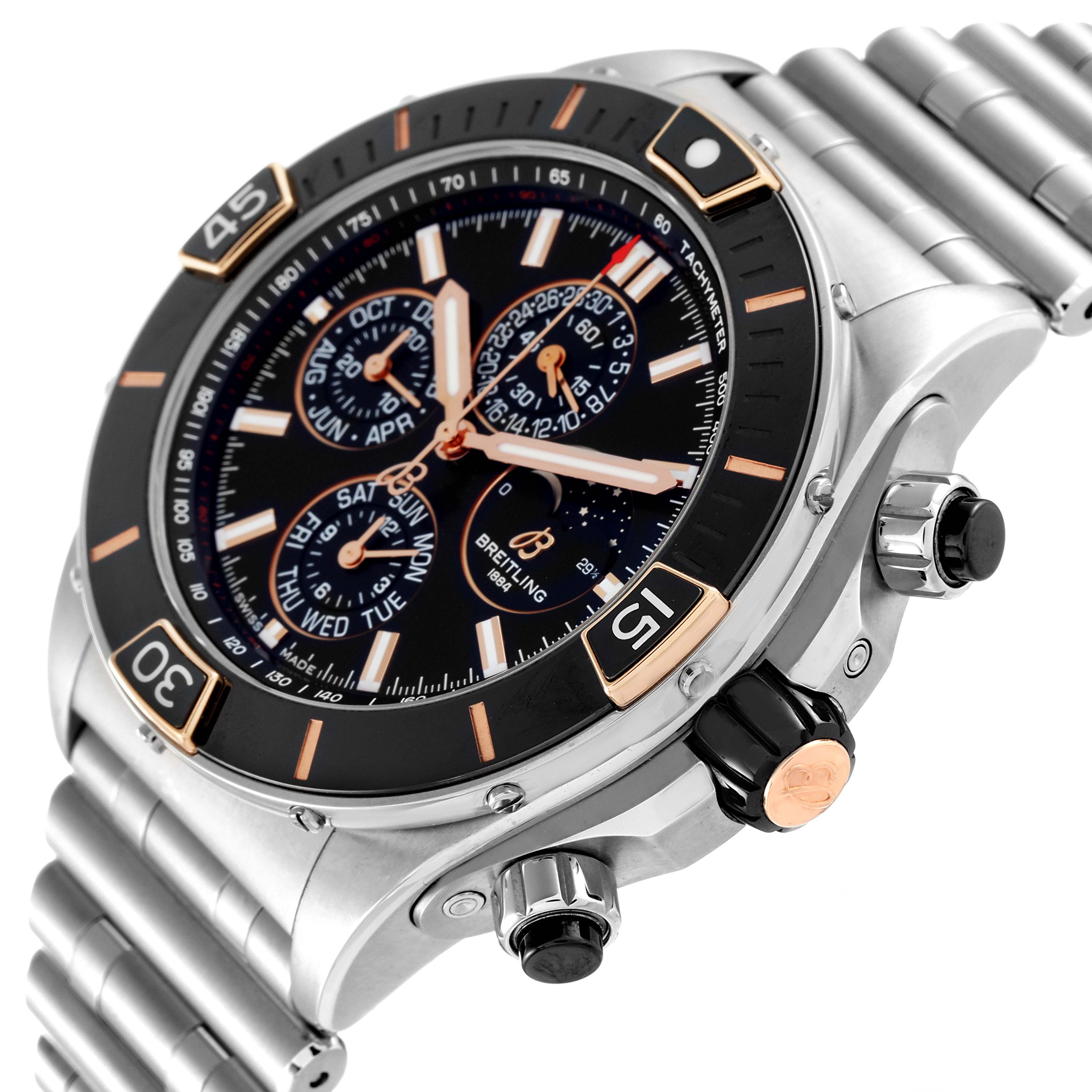 The image shows a Breitling Chronomat I19320 Men's Stainless Steel Black Dial I19320 Men's Stainless Steel Black Dial watch at an angle highlighting the face, bezel, and crown pushers.