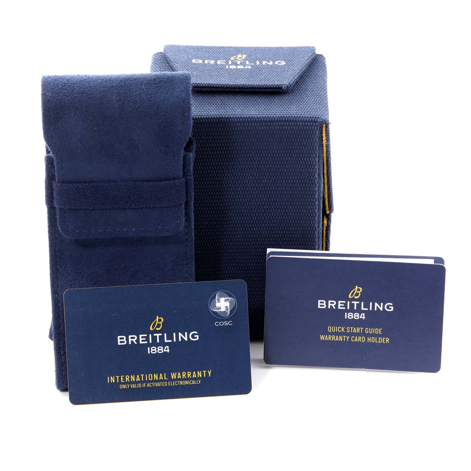 The image shows the packaging, international warranty card, and a quick start guide for the Breitling Chronomat I19320 Men's Stainless Steel Black Dial I19320 Men's Stainless Steel Black Dial watch model.