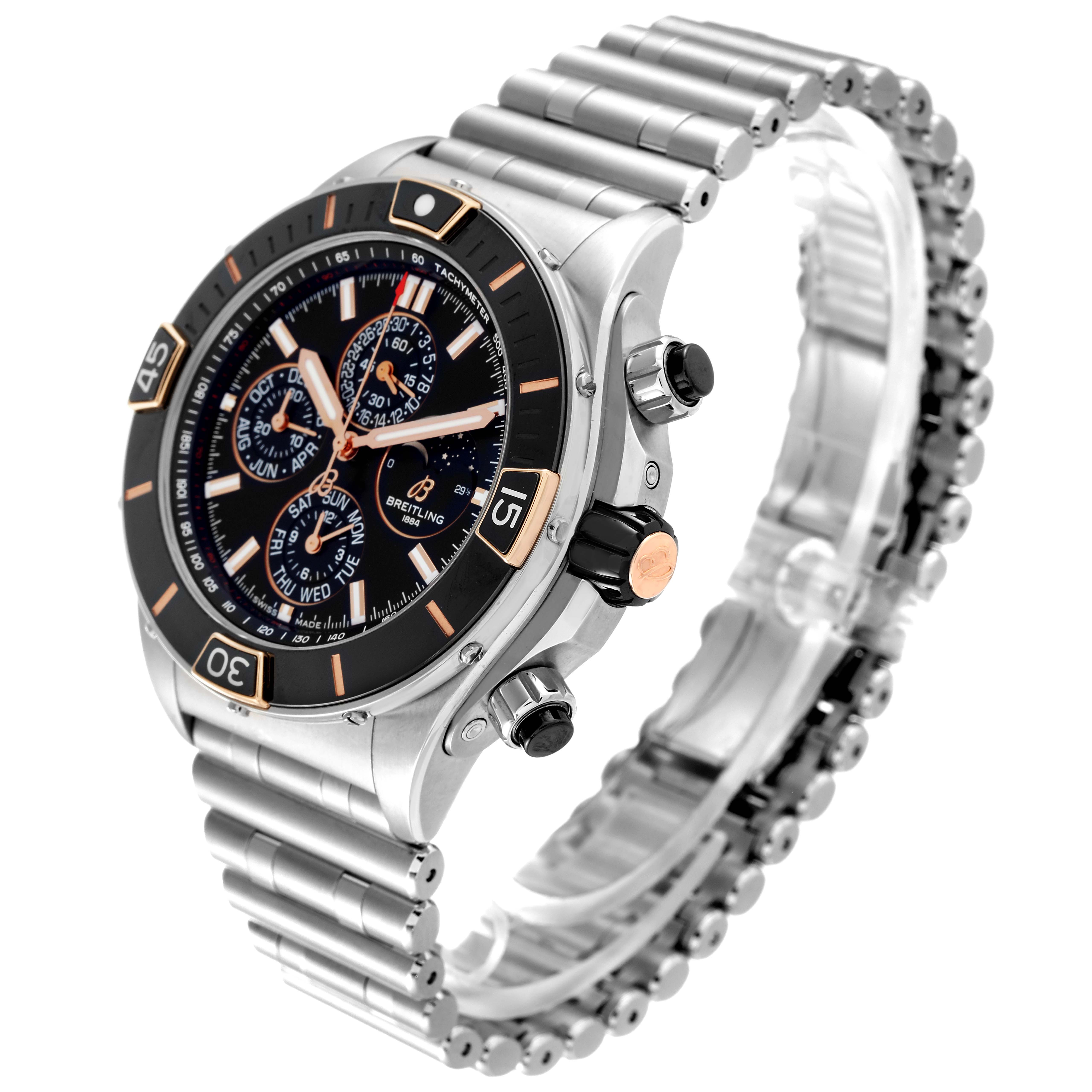 The Breitling Chronomat I19320 Men's Stainless Steel Black Dial I19320 Men's Stainless Steel Black Dial watch is shown at an oblique front angle, highlighting its face, bezel, and part of the metal bracelet.