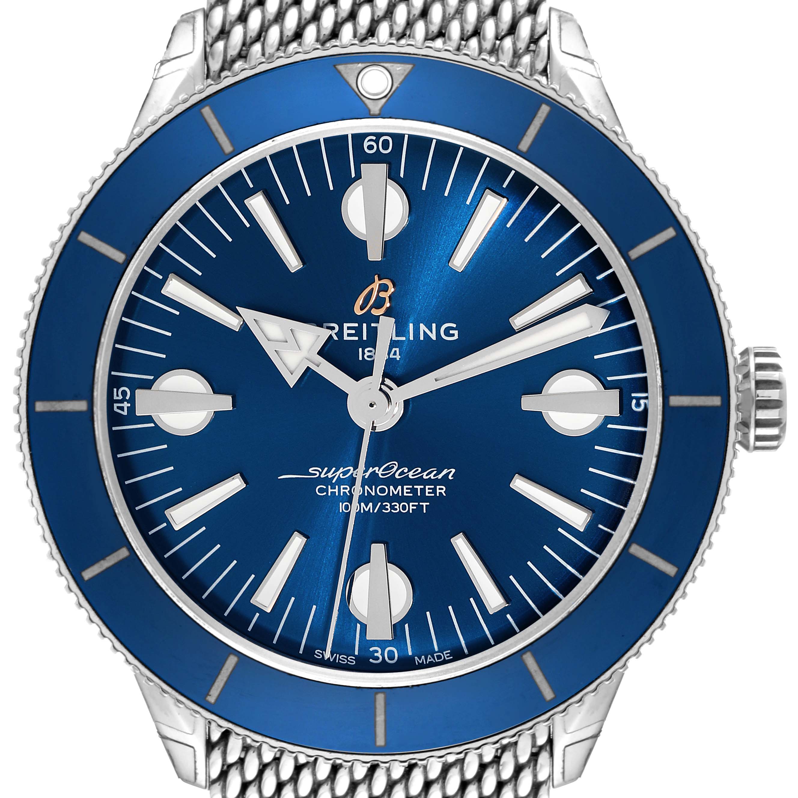 The image shows a frontal view of a Breitling Superocean A10370 Men's Stainless Steel Blue Dial A10370 Men's Stainless Steel Blue Dial watch, highlighting its blue dial, bezel, markers, and mesh bracelet.
