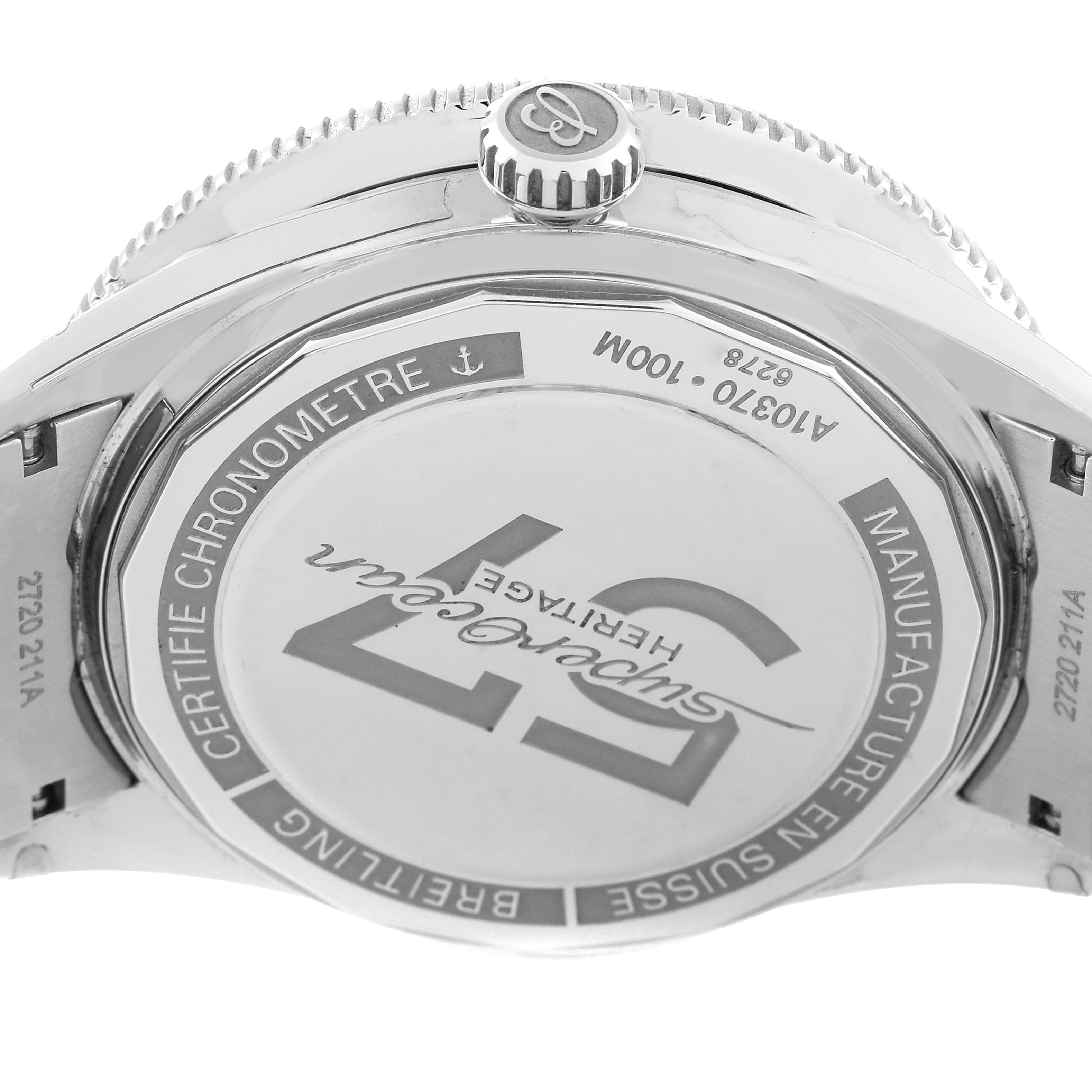 The image shows the back and part of the crown of a Breitling Superocean A10370 Men's Stainless Steel Blue Dial A10370 Men's Stainless Steel Blue Dial watch, highlighting its case back engravings.