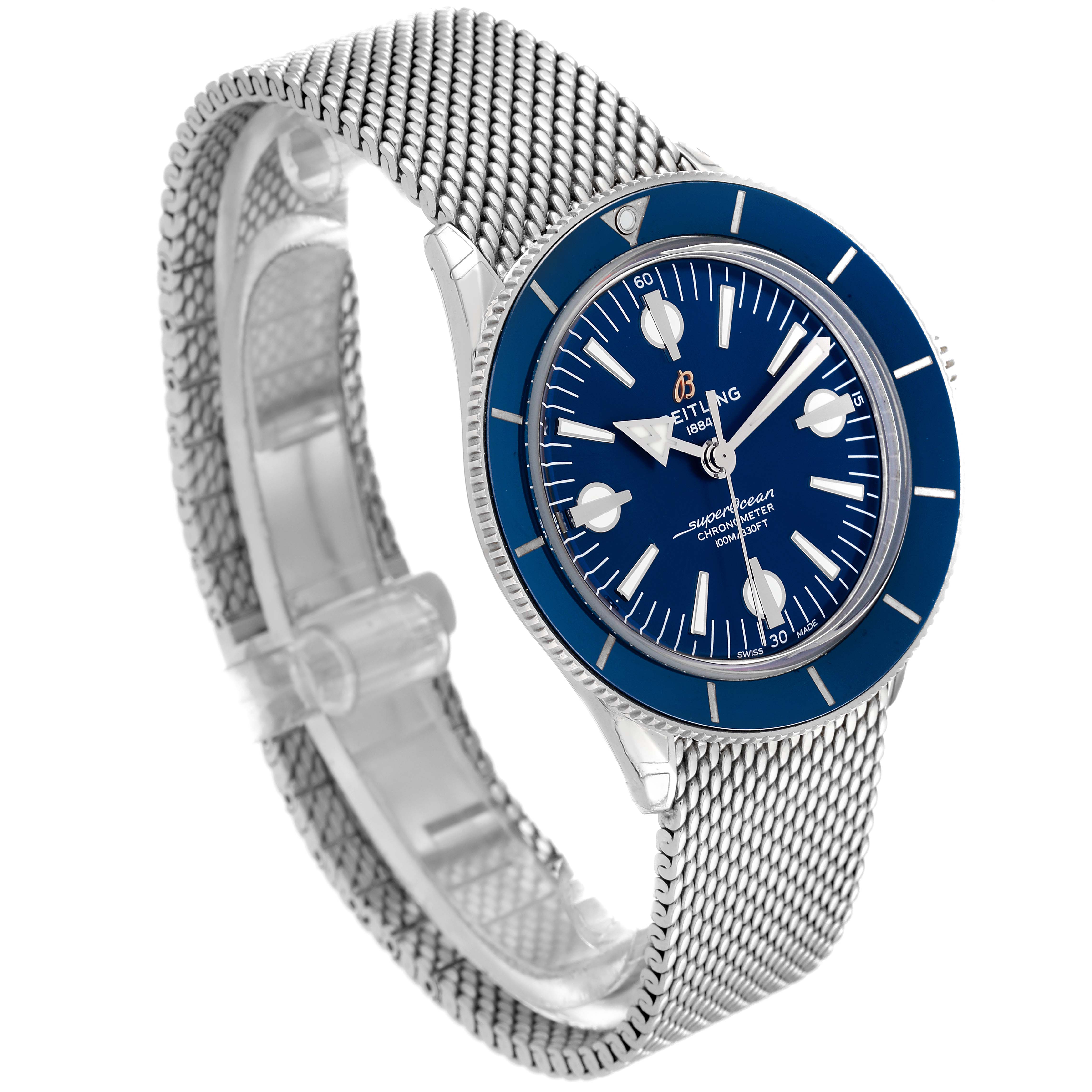 This image shows a Breitling Superocean A10370 Men's Stainless Steel Blue Dial A10370 Men's Stainless Steel Blue Dial watch at a slight angle, highlighting its blue dial and mesh band.