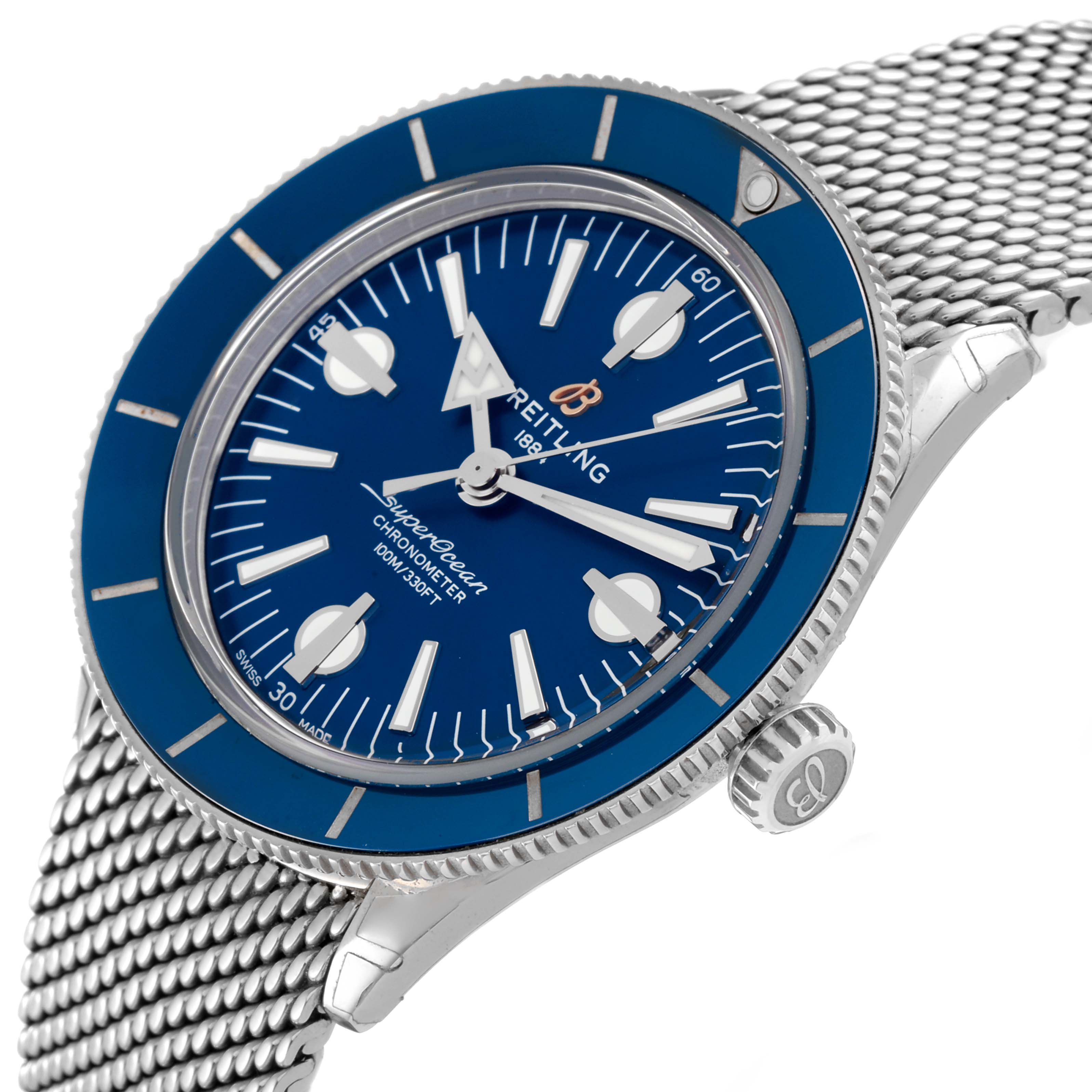 The image shows a Breitling Superocean A10370 Men's Stainless Steel Blue Dial A10370 Men's Stainless Steel Blue Dial watch from an angled view, highlighting the dial, bezel, case, and partial mesh bracelet.