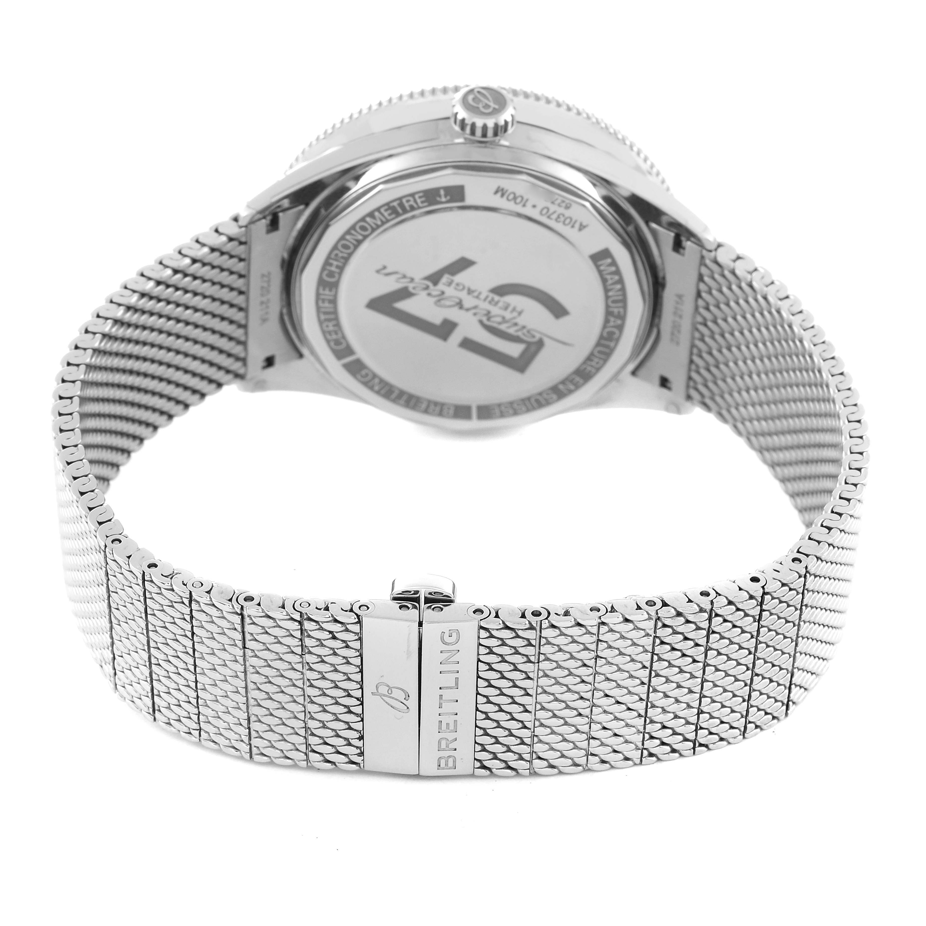 This image shows the back and bracelet of the Breitling Superocean A10370 Men's Stainless Steel Blue Dial A10370 Men's Stainless Steel Blue Dial watch at a rear angle.