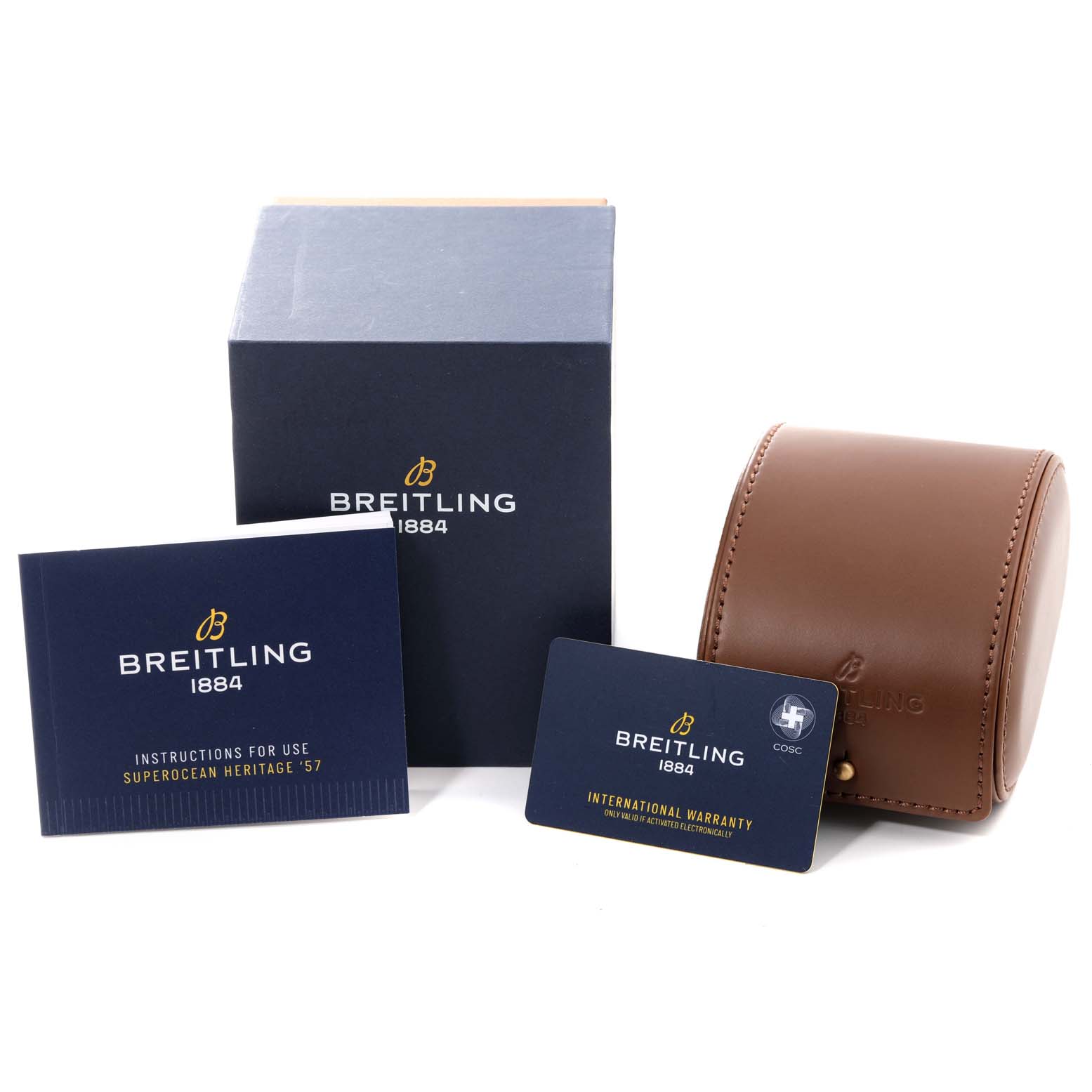 The image shows the box, manual, warranty card, and leather case for a Breitling Superocean A10370 Men's Stainless Steel Blue Dial A10370 Men's Stainless Steel Blue Dial model watch.