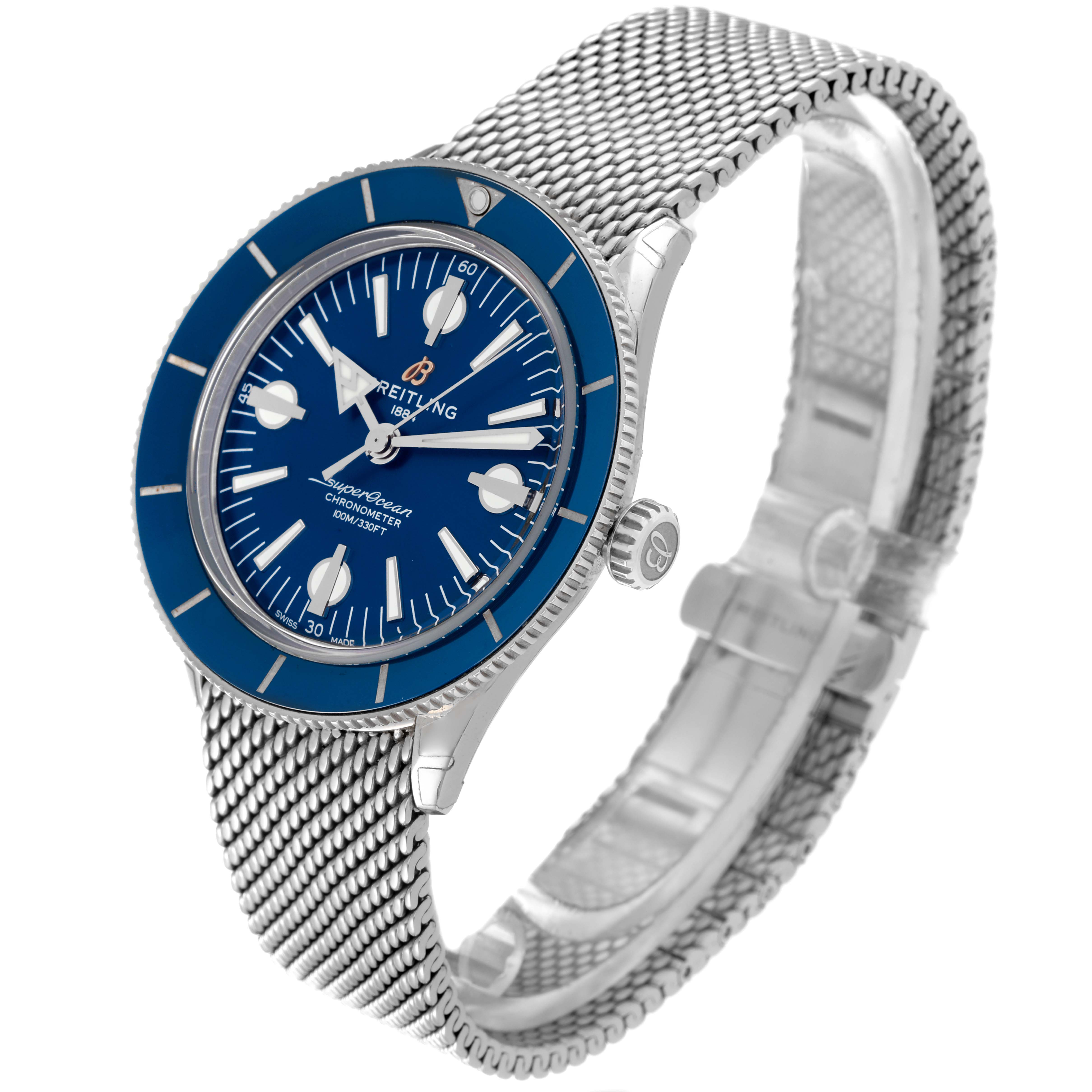 This angled view displays the blue dial, bezel, crown, and metal mesh bracelet of the Breitling Superocean A10370 Men's Stainless Steel Blue Dial A10370 Men's Stainless Steel Blue Dial watch.