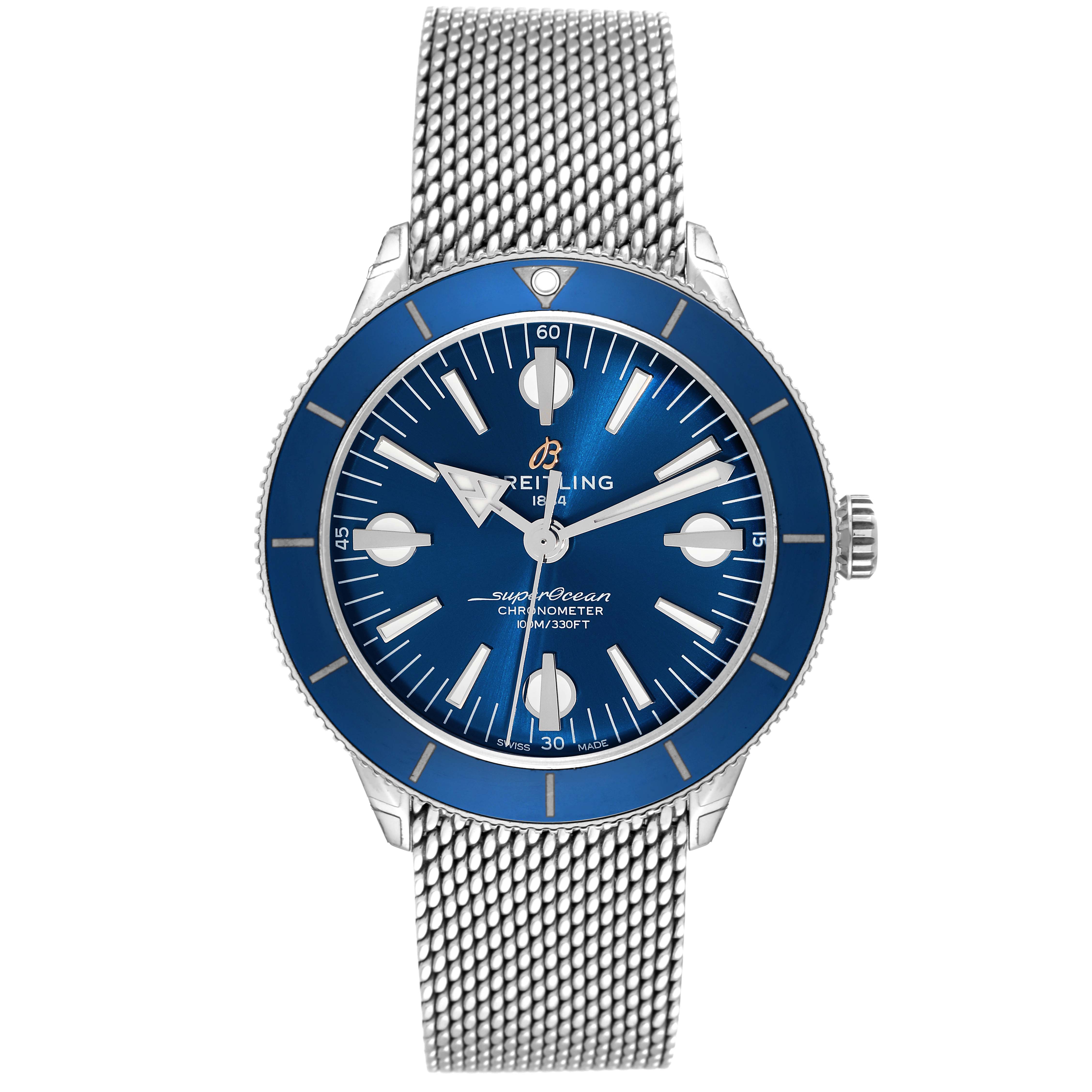 The Breitling Superocean A10370 Men's Stainless Steel Blue Dial A10370 Men's Stainless Steel Blue Dial watch is shown from a front angle, highlighting its blue dial, mesh bracelet, and prominent markers.