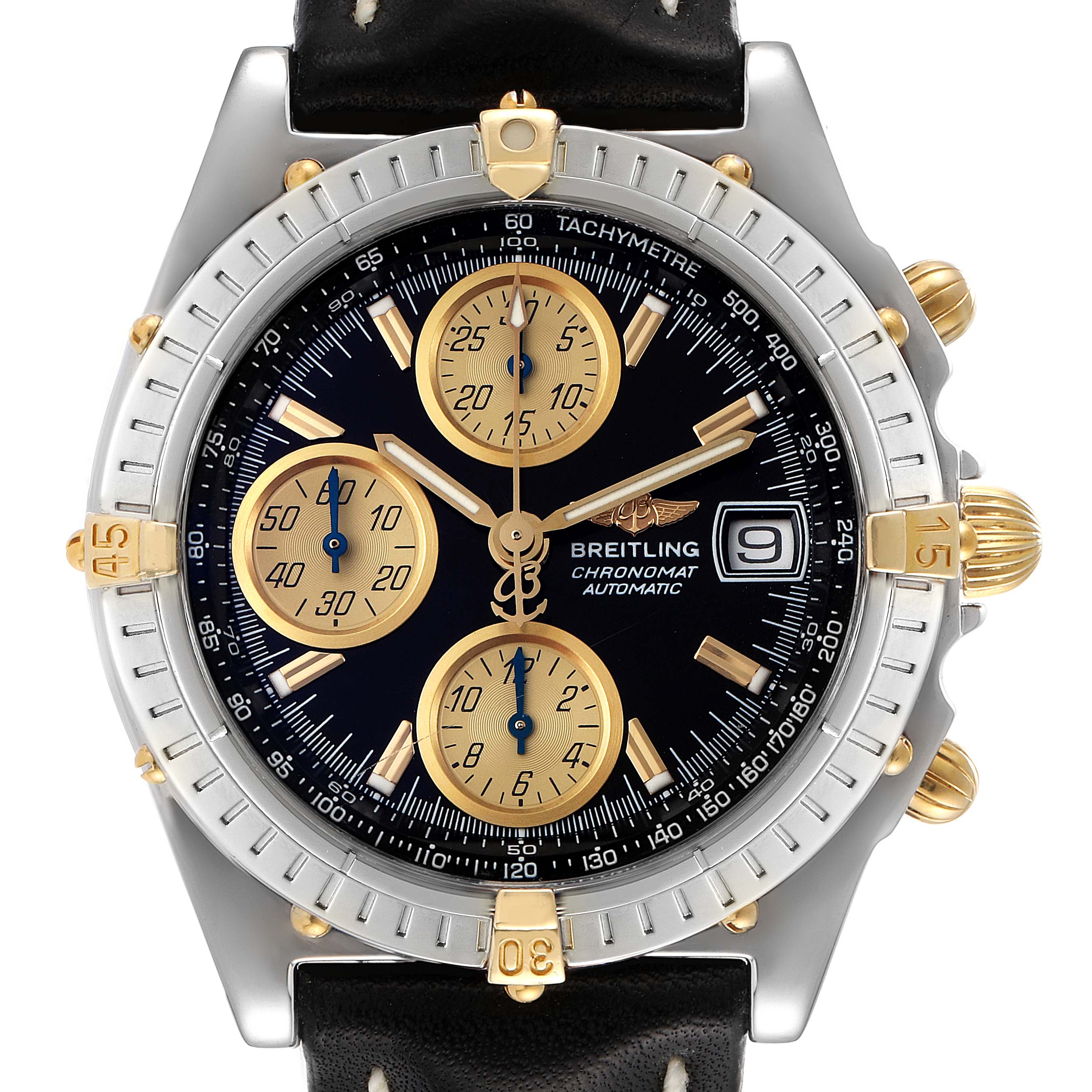 The image shows a close-up front view of the Breitling Windrider B13350 Men's Steel and Gold (two tone) Black Dial B13350 Men's Steel and Gold (two tone) Black Dial Chronomat watch, highlighting its dial, bezel, and sub-dials.
