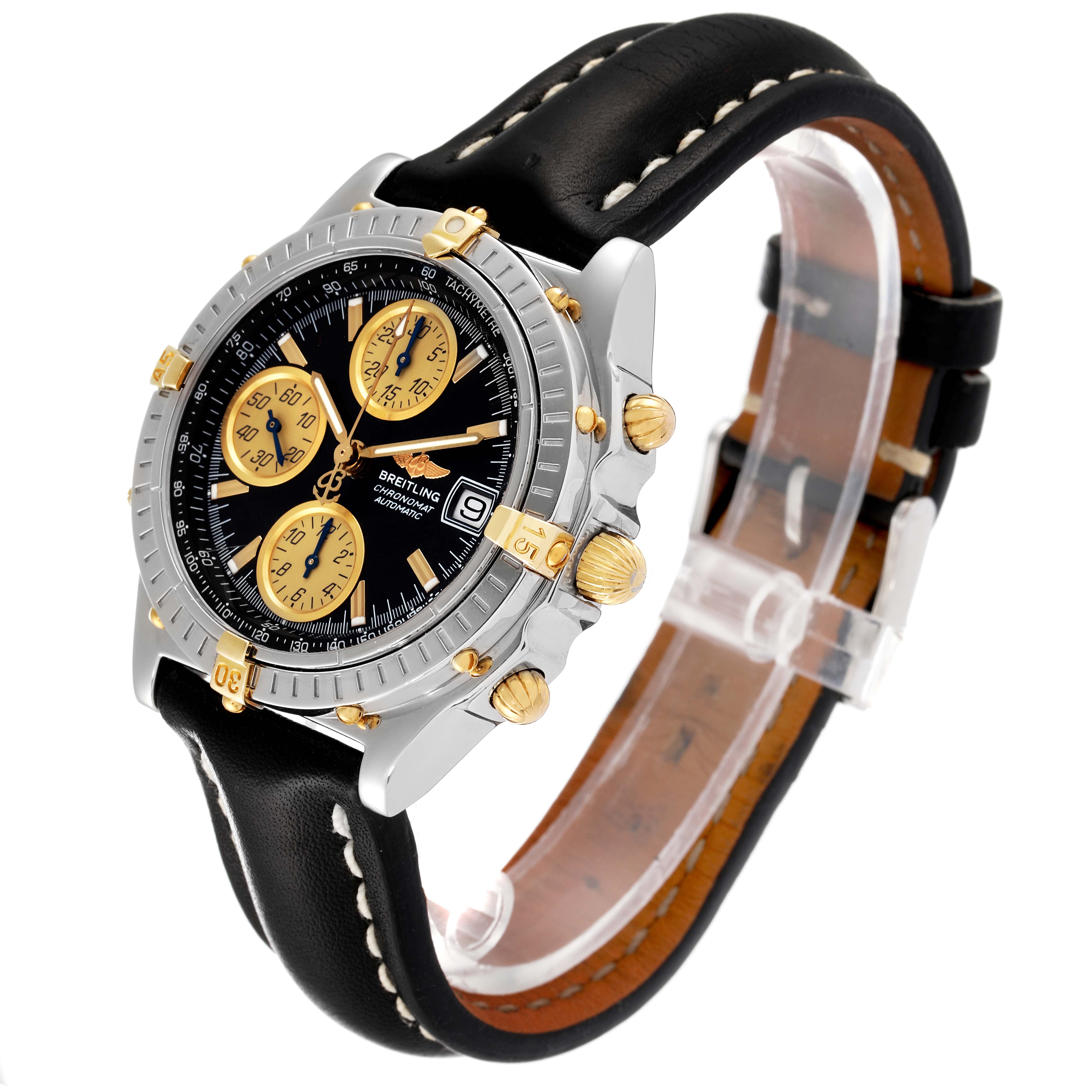 The Breitling Windrider B13350 Men's Steel and Gold (two tone) Black Dial B13350 Men's Steel and Gold (two tone) Black Dial watch is shown at a three-quarter angle, highlighting its face, crown, chronograph buttons, and leather strap.