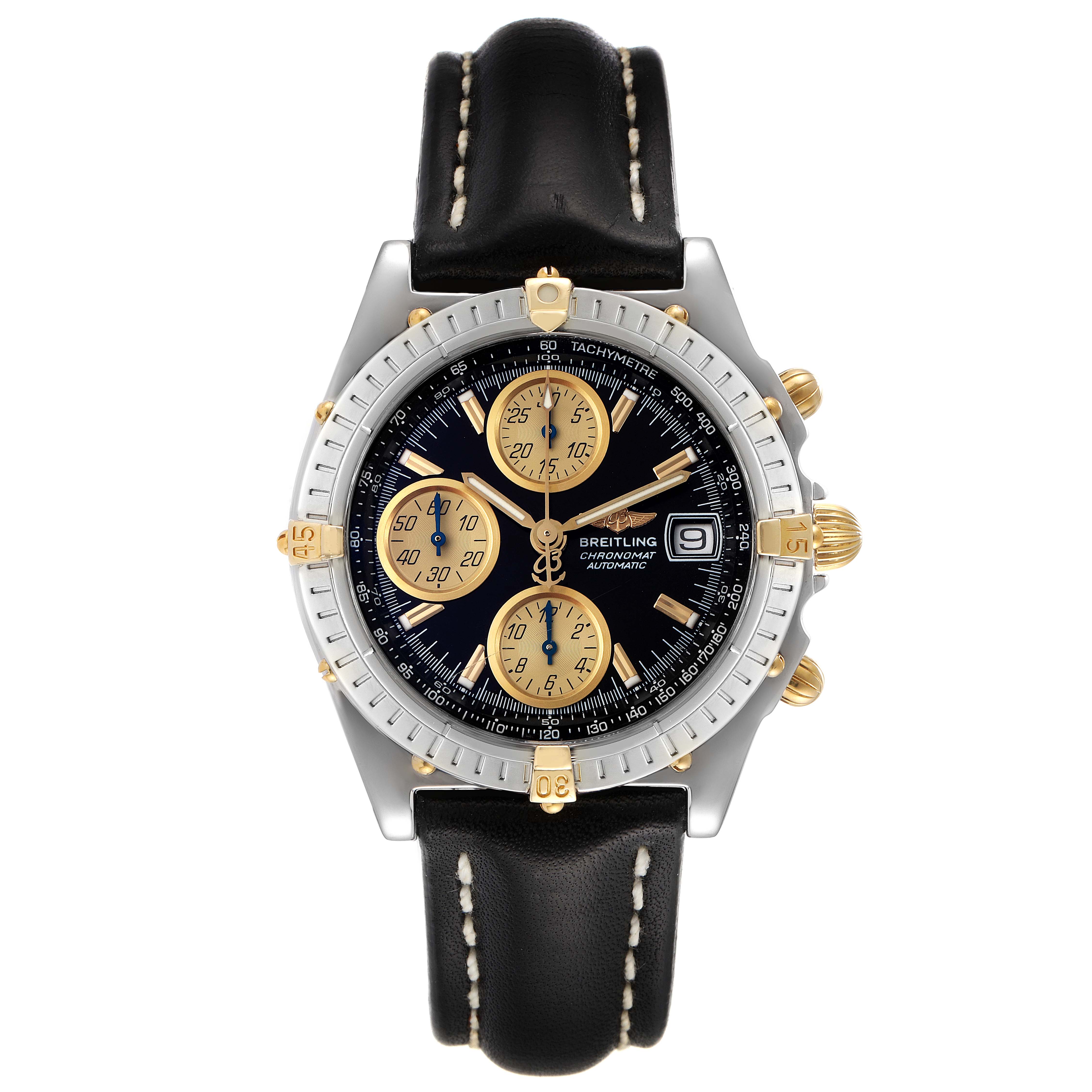 The image shows a front view of a Breitling Windrider B13350 Men's Steel and Gold (two tone) Black Dial B13350 Men's Steel and Gold (two tone) Black Dial watch featuring a black strap, silver bezel, and gold-tone details.