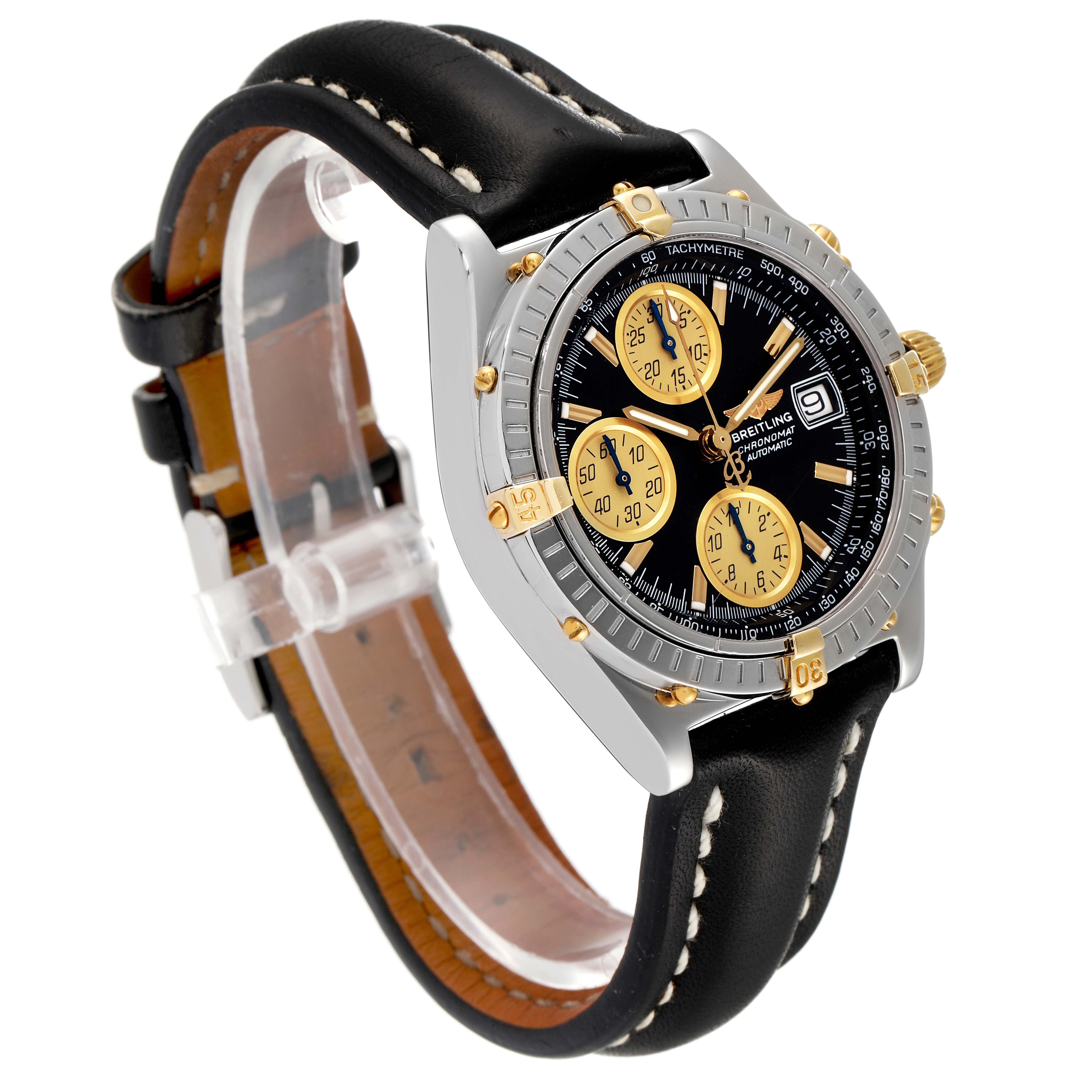 The Breitling Windrider B13350 Men's Steel and Gold (two tone) Black Dial B13350 Men's Steel and Gold (two tone) Black Dial model watch is shown from an angled front view, highlighting the face, bezel, and leather strap.
