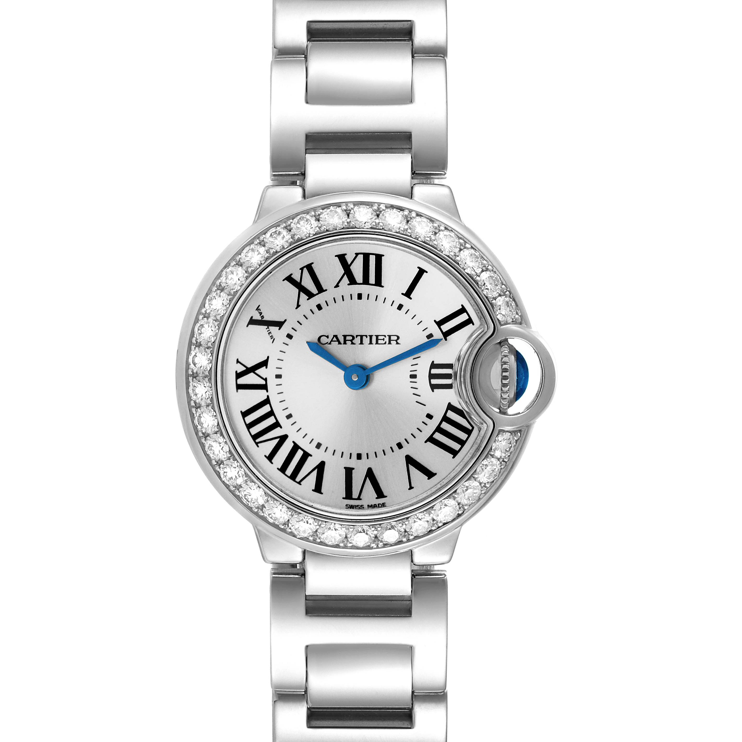 The image shows a Cartier Ballon Bleu WE9003Z3 Women's White Gold Silver Dial WE9003Z3 Women's White Gold Silver Dial watch from a top-down angle, highlighting the face, Roman numerals, and bracelet.