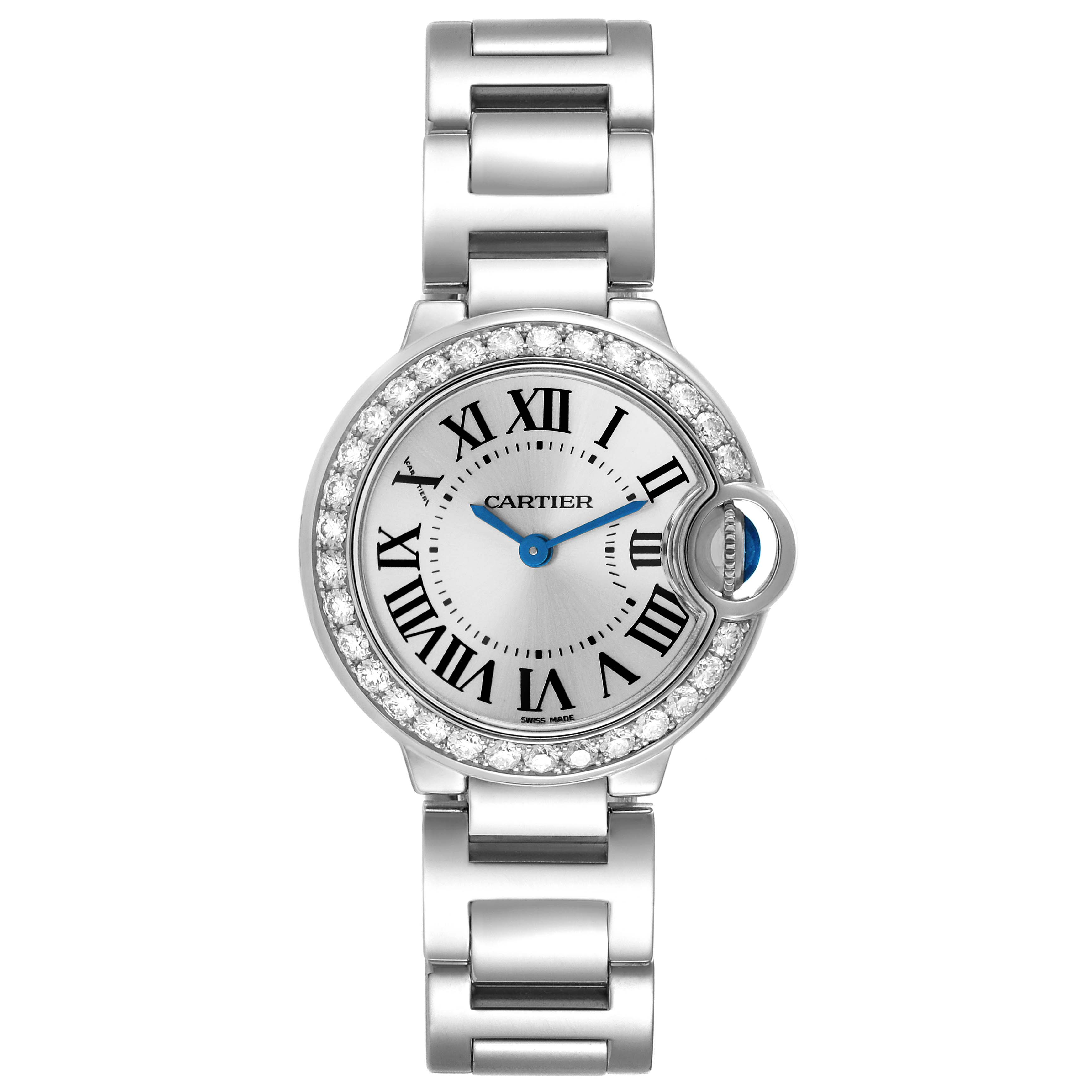 The Cartier Ballon Bleu WE9003Z3 Women's White Gold Silver Dial WE9003Z3 Women's White Gold Silver Dial watch is shown from a top-down angle, displaying its face, bezel, and part of the bracelet.
