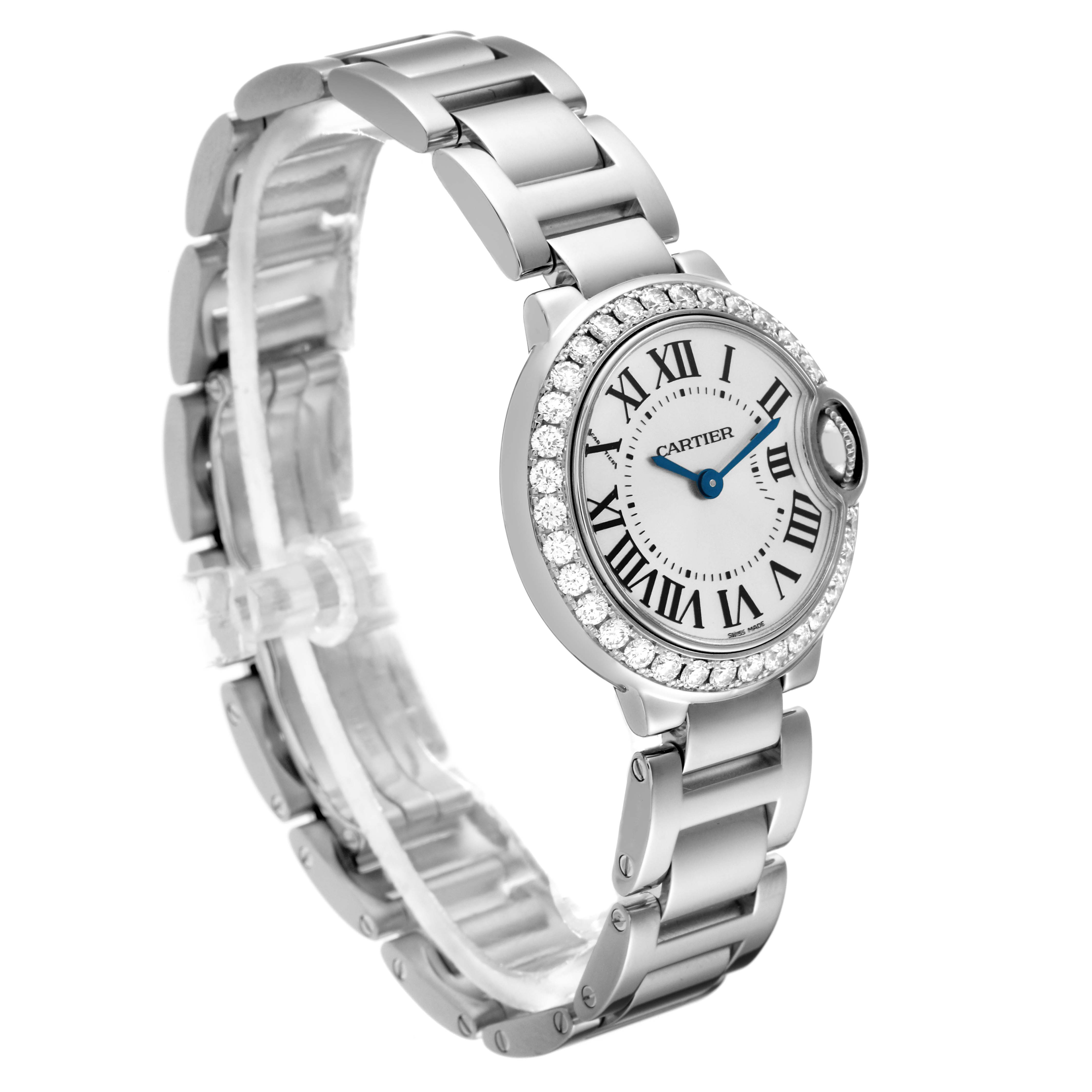 The image shows a stainless steel Ballon Bleu de Cartier watch, angled to display its face, bezel, and bracelet.