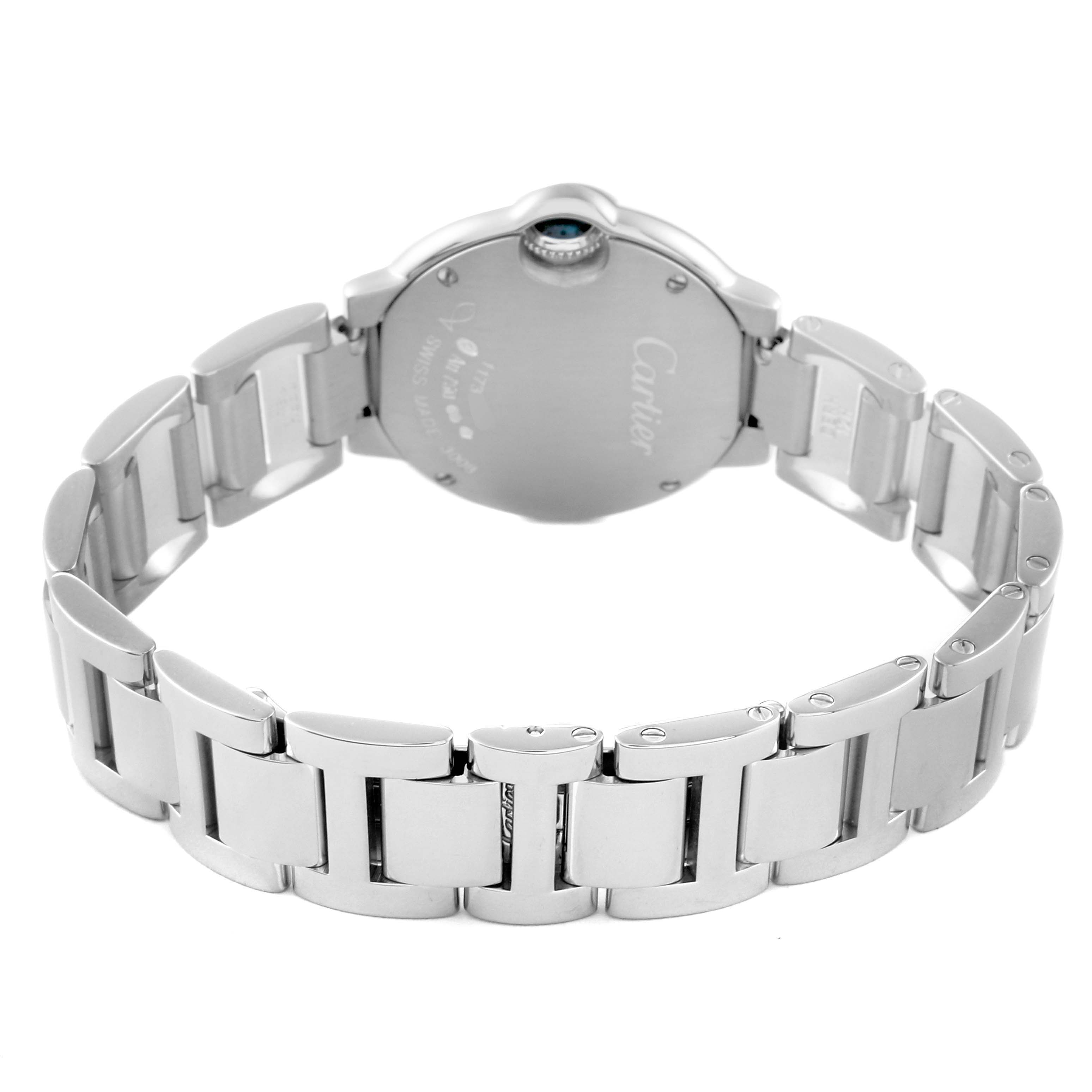 The image shows the back and bracelet of a Ballon Bleu model by Cartier at an angle facing the rear case.