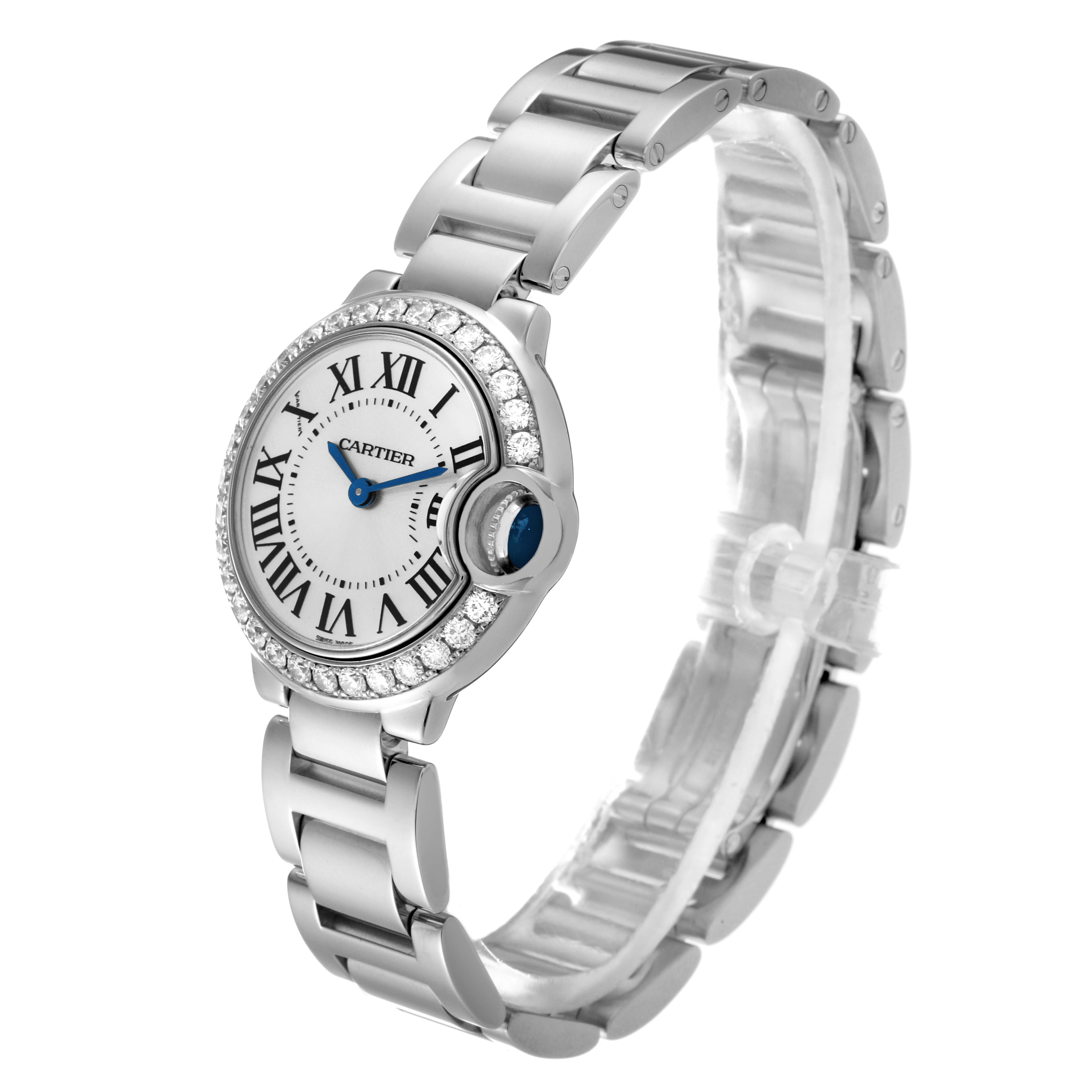 The image shows a Cartier Ballon Bleu WE9003Z3 Women's White Gold Silver Dial WE9003Z3 Women's White Gold Silver Dial watch, angled diagonally to display the face, bezel, and bracelet.