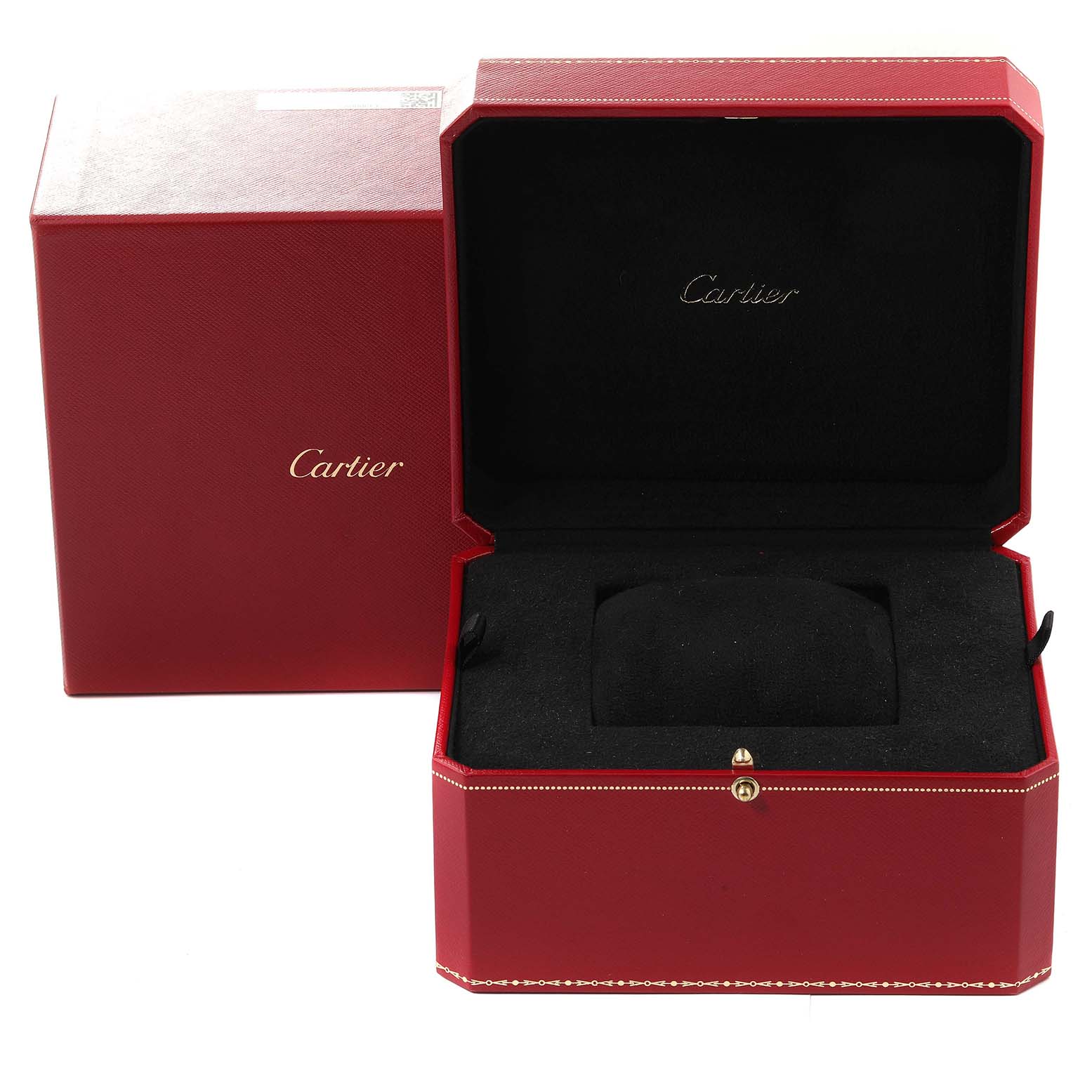 The image shows an open red Cartier watch box for the Ballon Bleu model, with its interior and exterior visible.