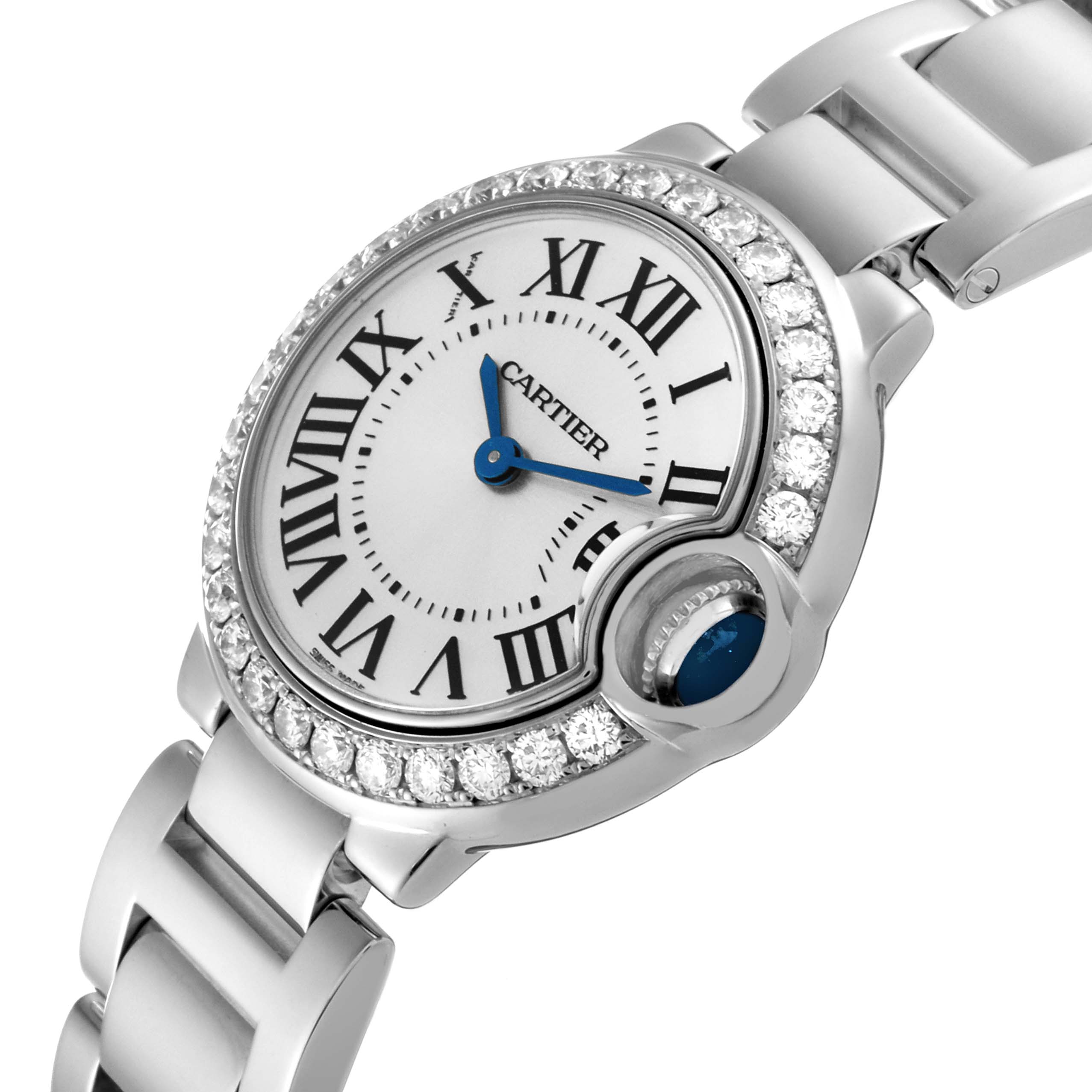The image shows a Cartier Ballon Bleu WE9003Z3 Women's White Gold Silver Dial WE9003Z3 Women's White Gold Silver Dial watch at an angled view, highlighting its face, bezel with diamonds, and partial bracelet.