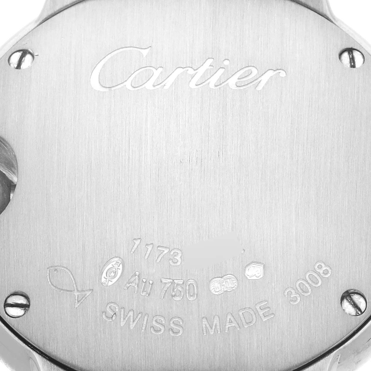 The image shows the back case of a Ballon Bleu model watch by Cartier, highlighting engraved details and screws.