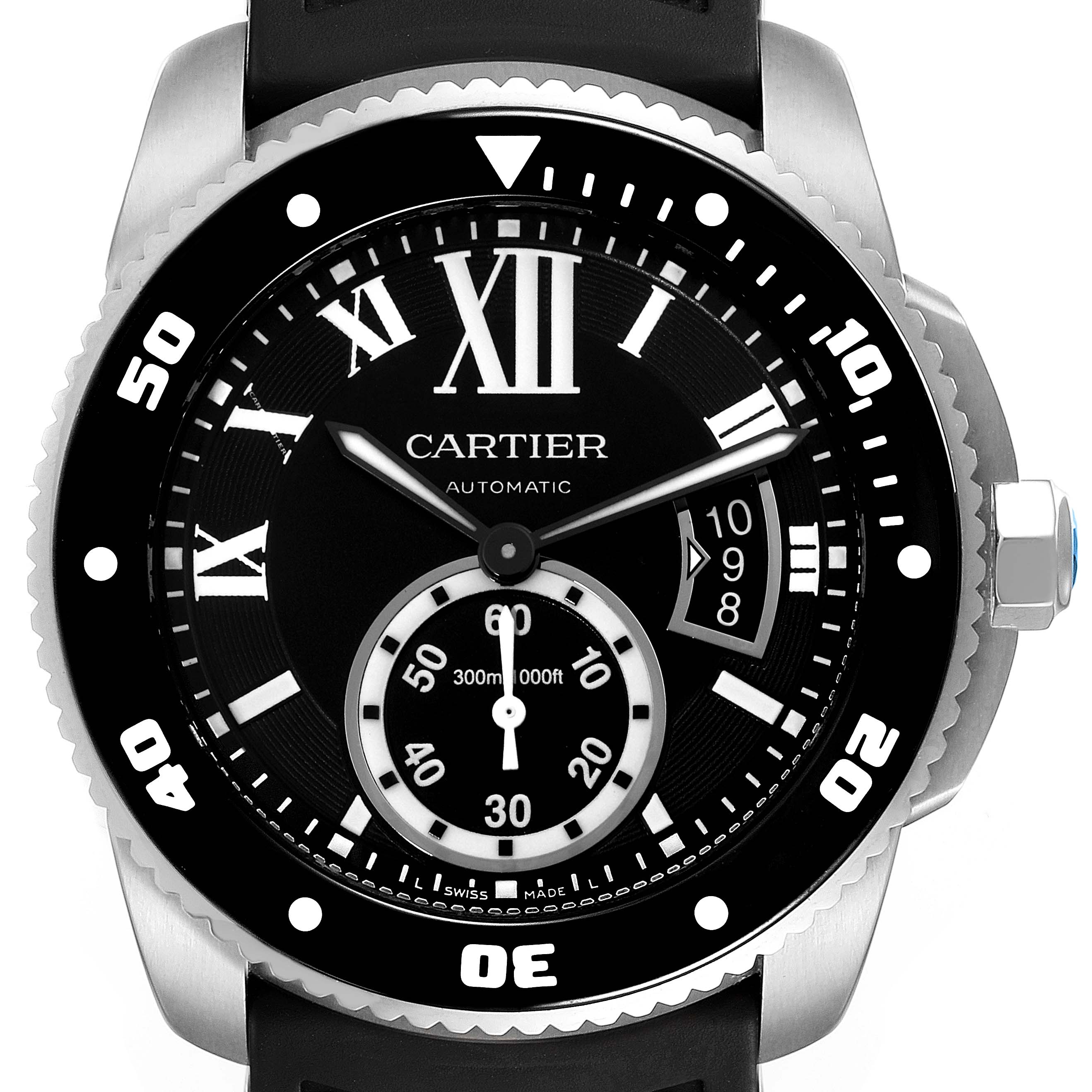 The image shows a front, close-up view of the Calibre de Cartier automatic watch by Cartier, highlighting the dial, bezel, and crown.