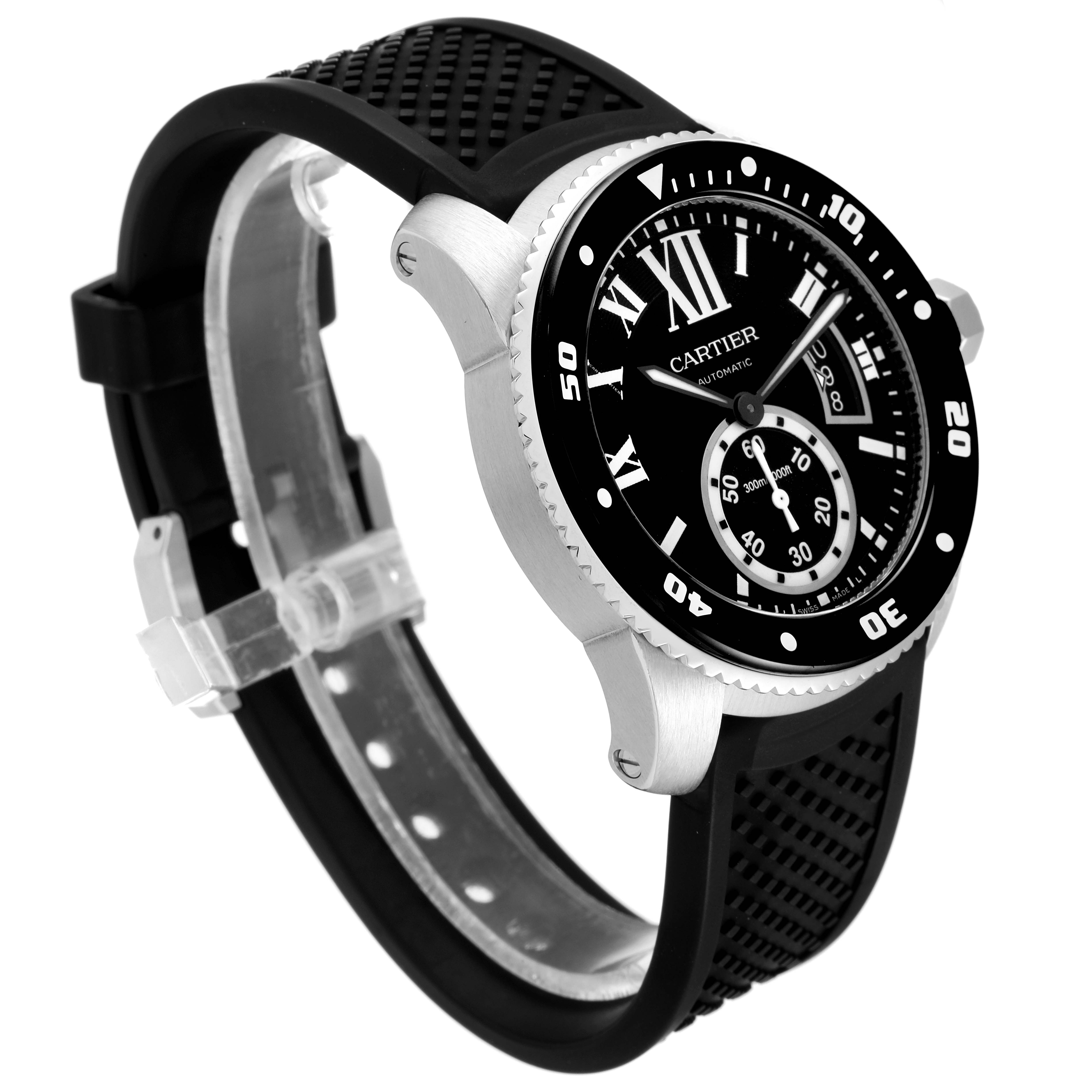 The image shows a Calibre de Cartier watch by Cartier at a 3/4 angle, showcasing the face, bezel, and band.