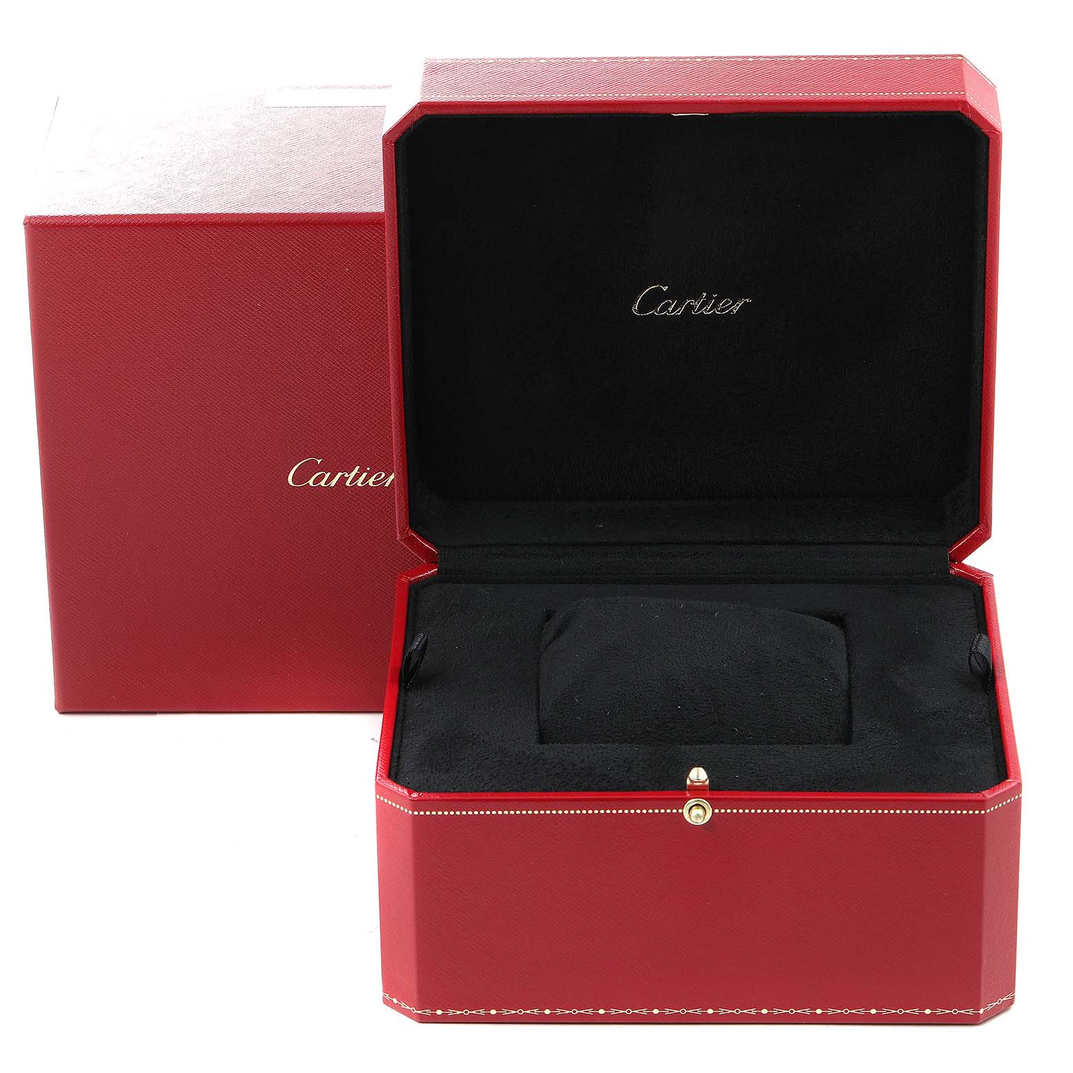 This image shows a Cartier Calibre de Cartier W7100056 Men
s Stainless Steel Black Dial W7100056 Men
s Stainless Steel Black Dial watch box, open with the cushion inside, angled slightly forward-left.