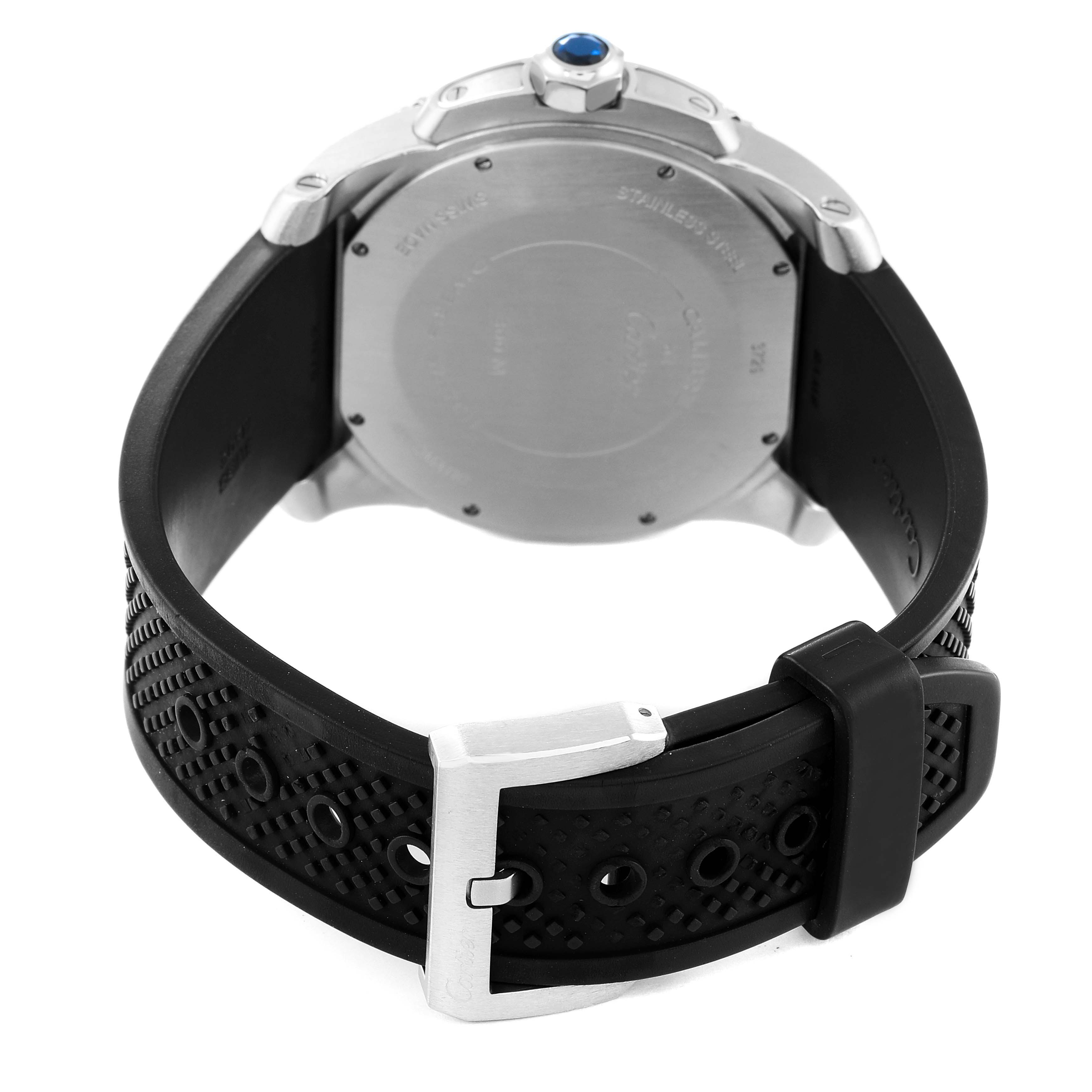 The image shows the back view of a Calibre de Cartier watch by Cartier, displaying the case back, strap, and buckle.