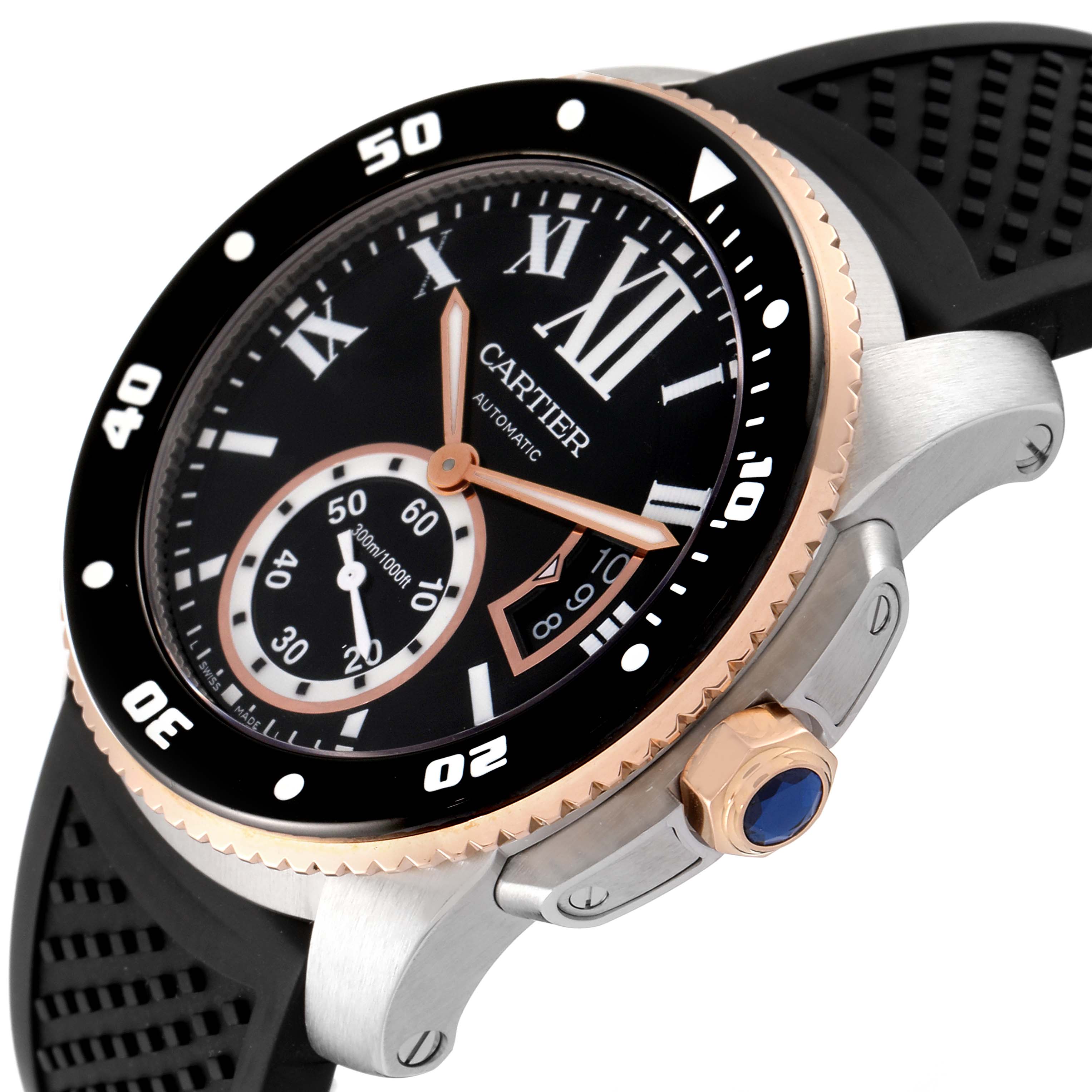 The image shows the front and side of the Calibre de Cartier watch by Cartier, highlighting the bezel, dial, crown, and strap.