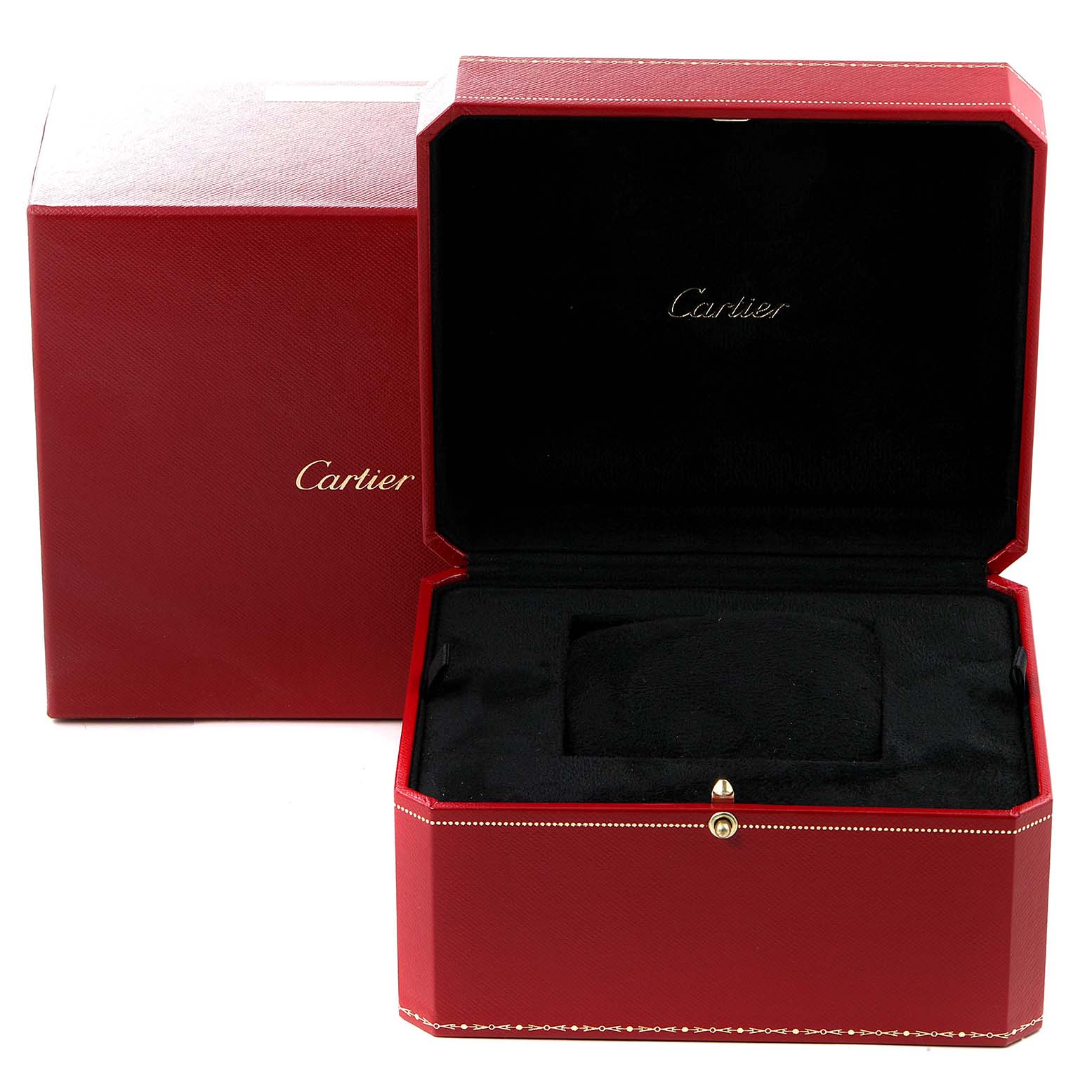 This image shows the open and closed red boxes for the Calibre de Cartier model by Cartier.
