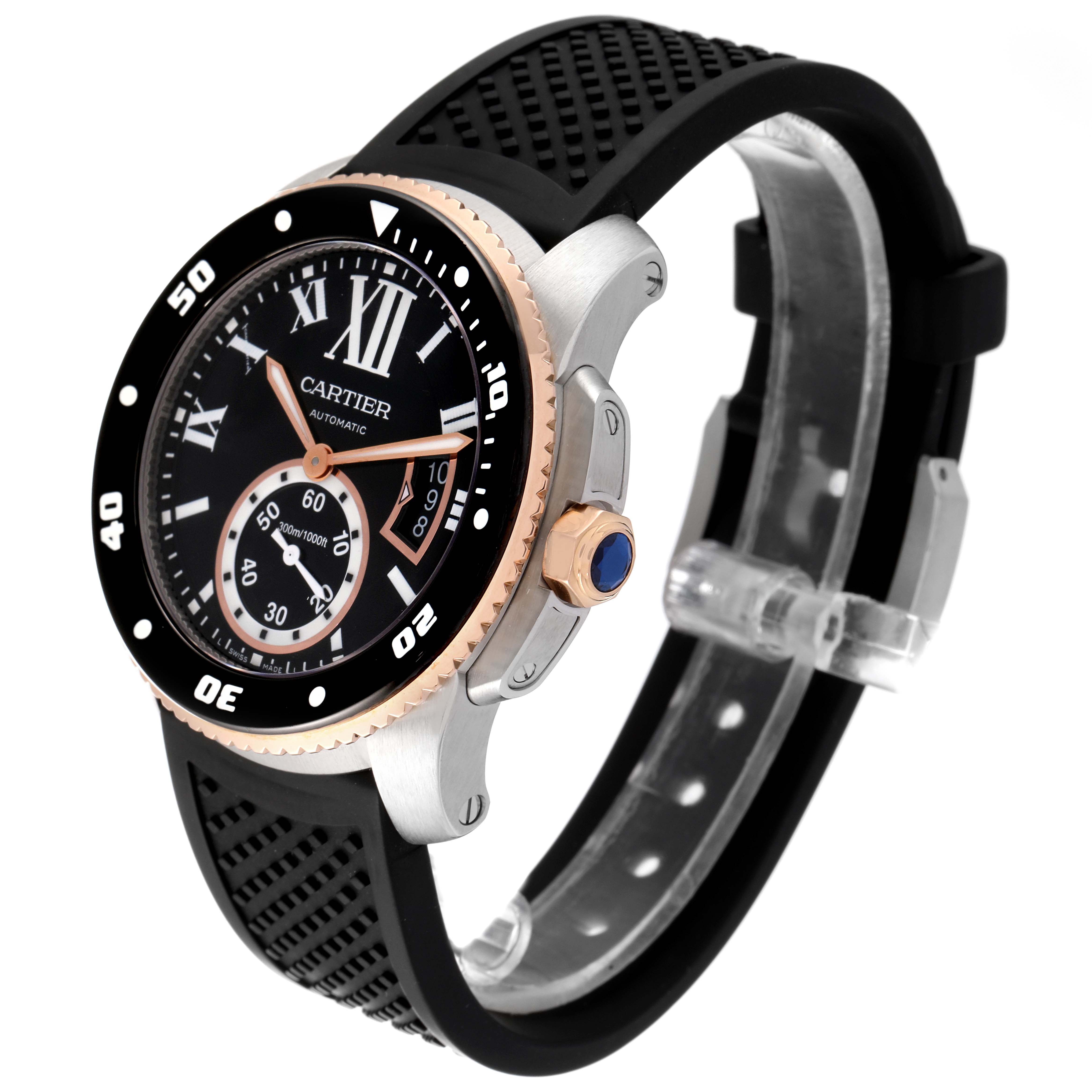 This image shows a side and front angle of the Calibre de Cartier watch by Cartier, featuring a black dial and rubber strap.