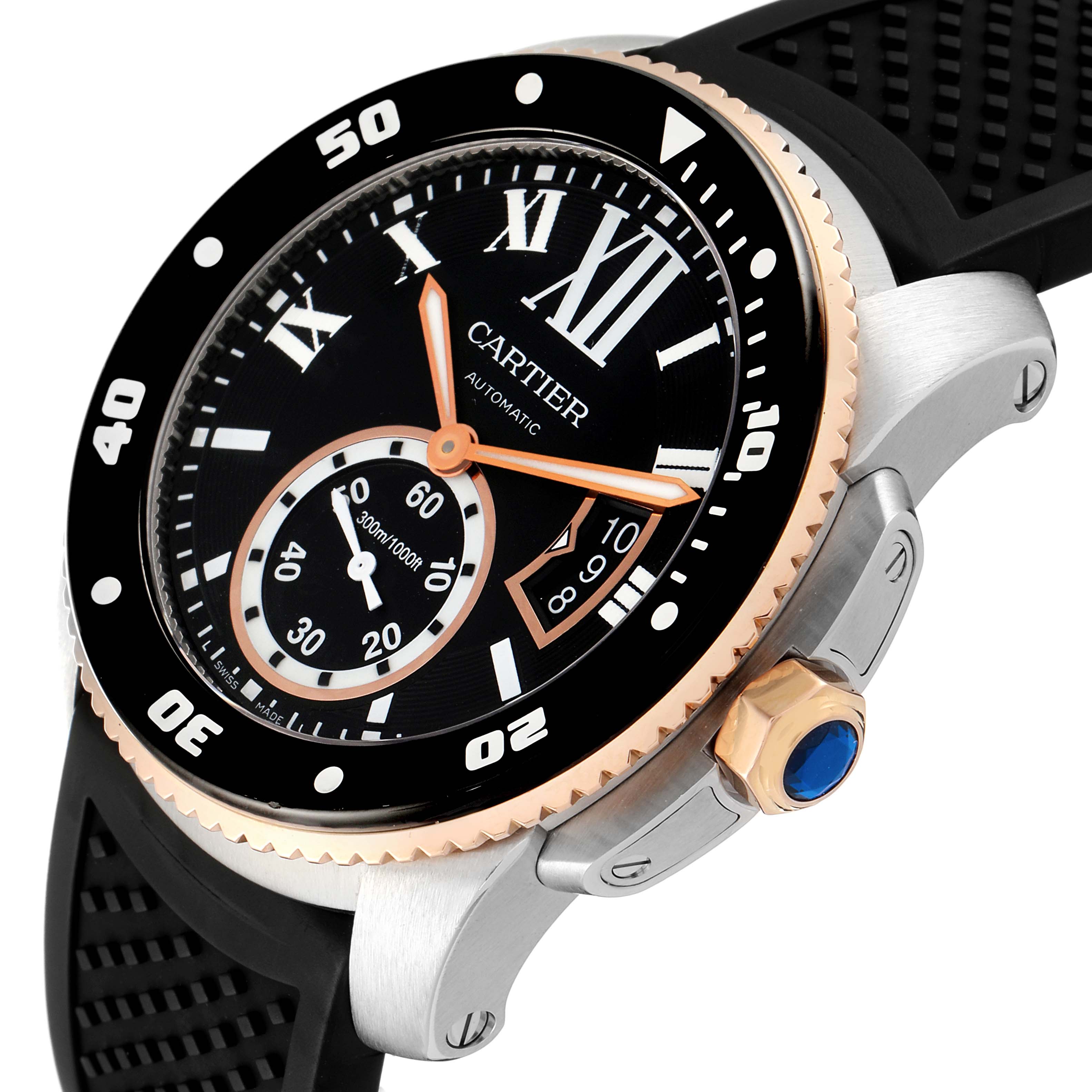 The image shows a close-up angle of a Calibre de Cartier watch by Cartier, highlighting the dial, bezel, crown, and strap details.