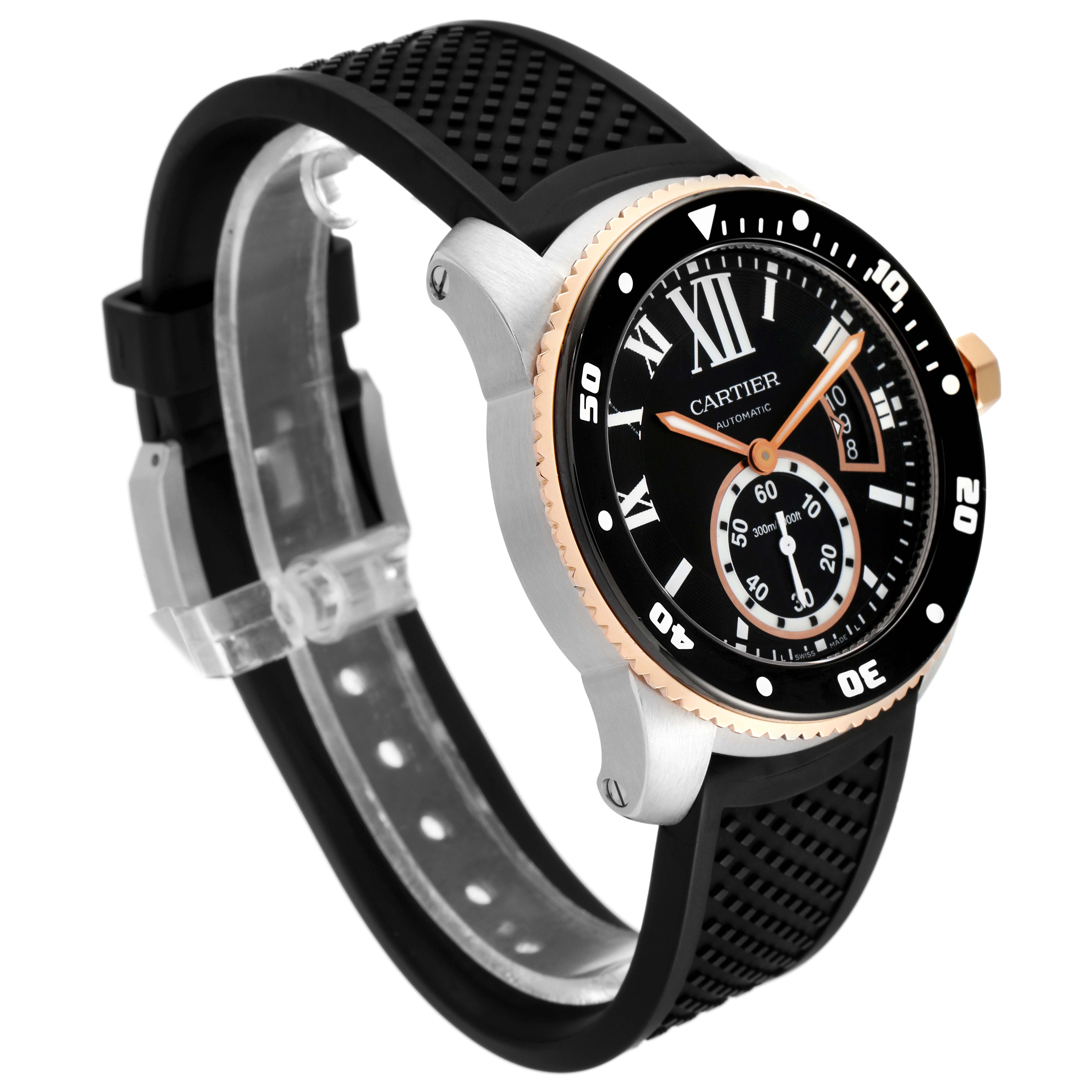 The image shows a Calibre de Cartier watch by Cartier from an angled perspective, highlighting the face and strap.