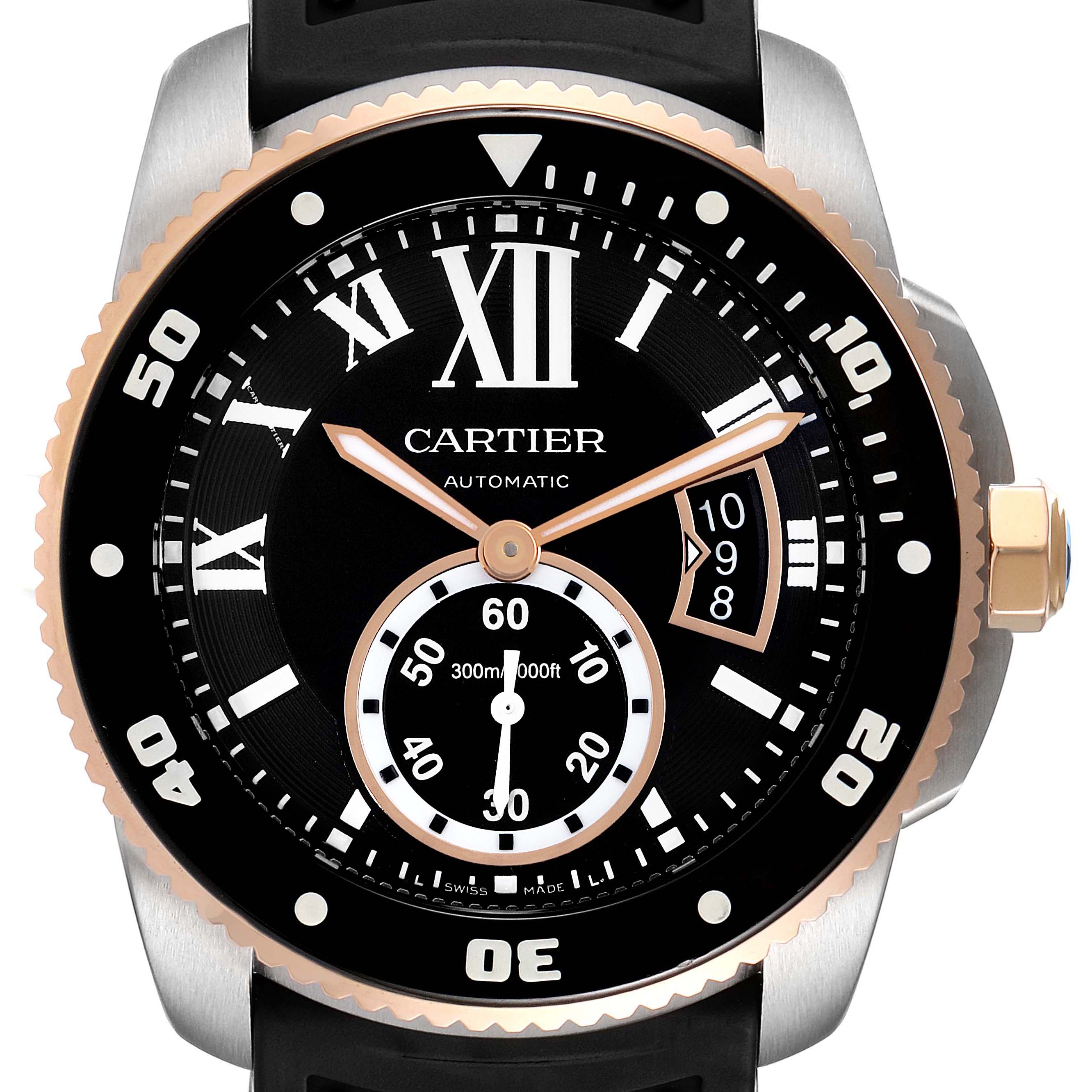 This image shows the front face of the Calibre de Cartier watch by Cartier, highlighting the dial, bezel, and crown.