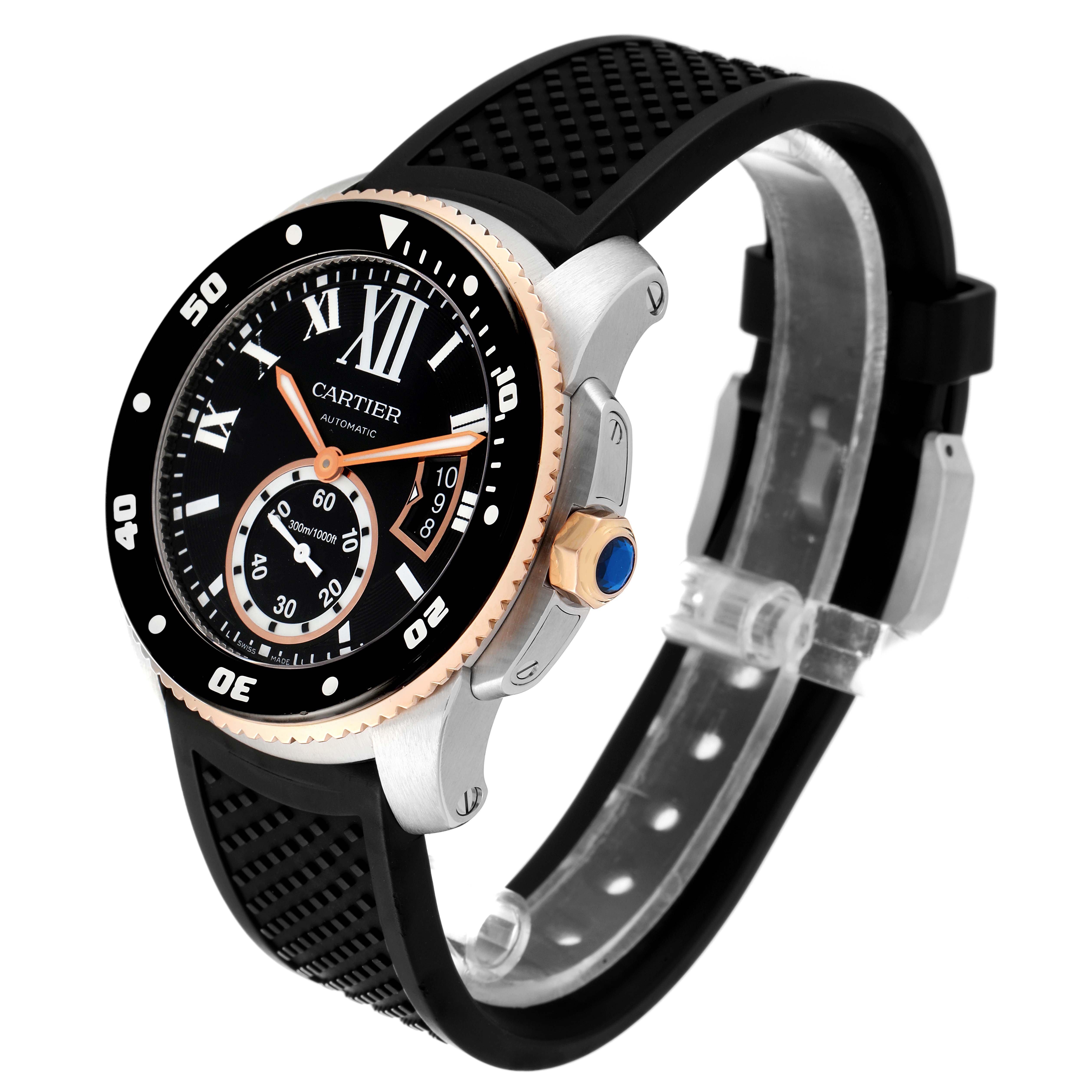 This image shows a Calibre de Cartier watch by Cartier at a three-quarter angle highlighting the face, bezel, and strap.