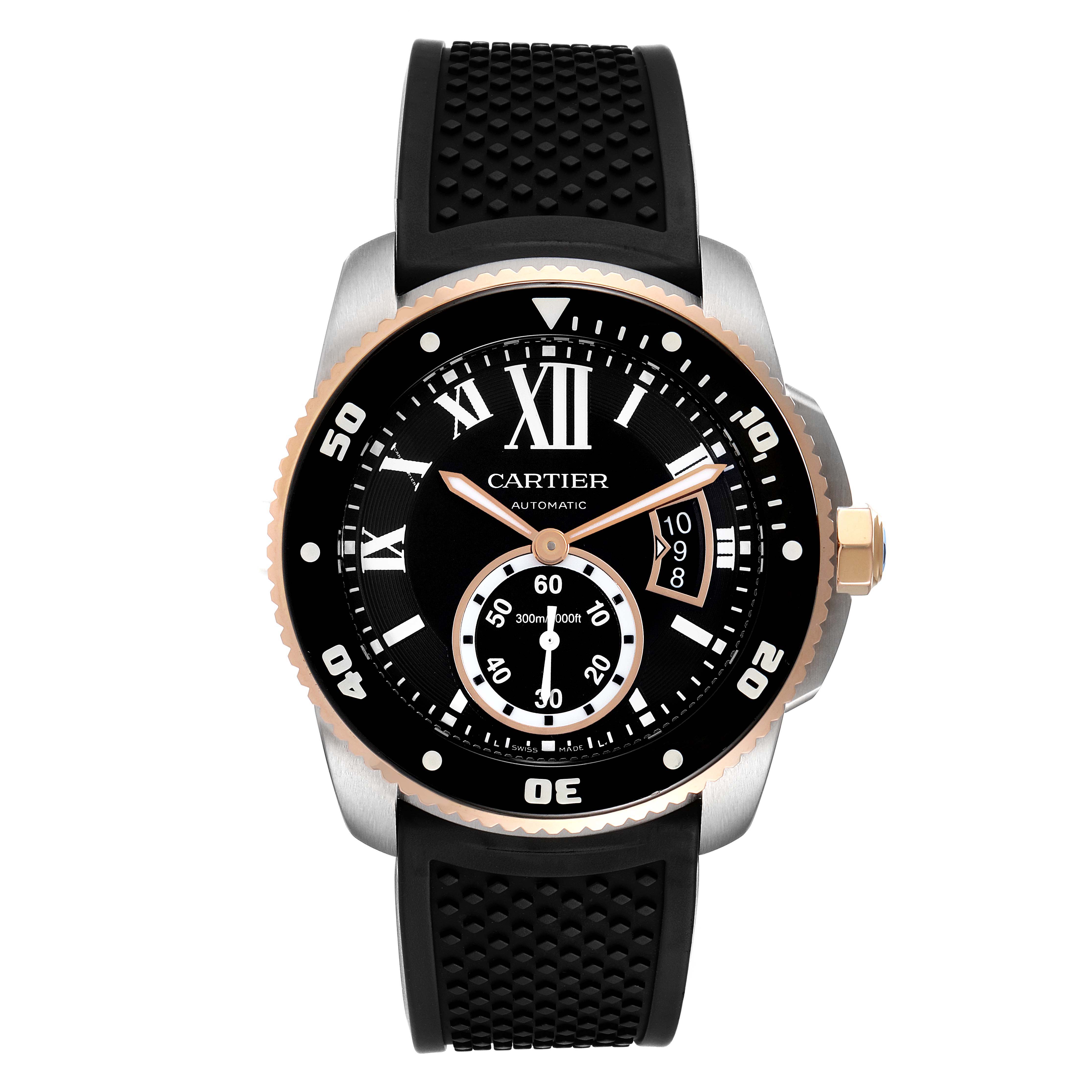 The Calibre de Cartier watch by Cartier is shown from the front, displaying its face, bezel, and part of the strap.