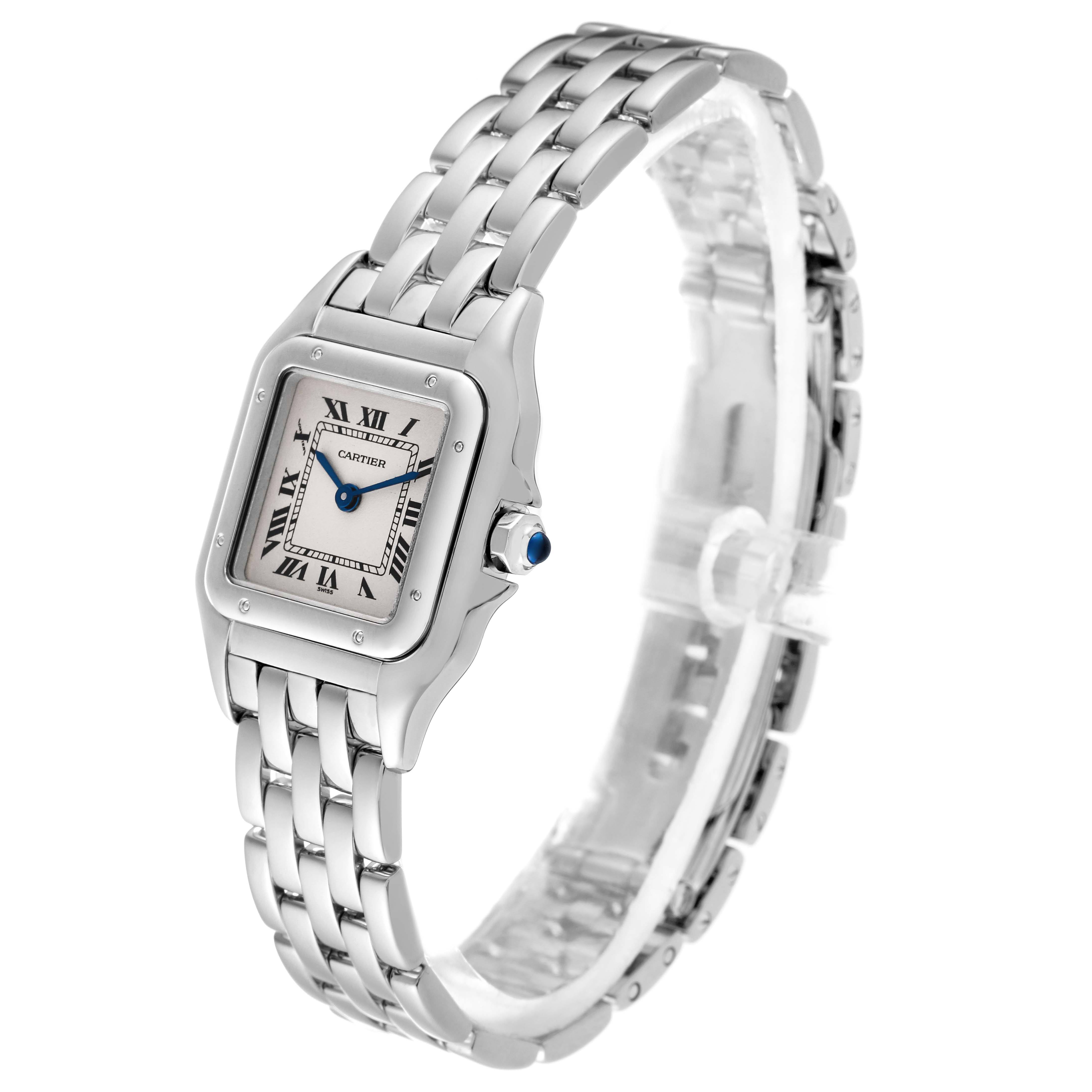 The image shows a Cartier Panthère watch at a three-quarter angle, highlighting the face, case, and metal bracelet.