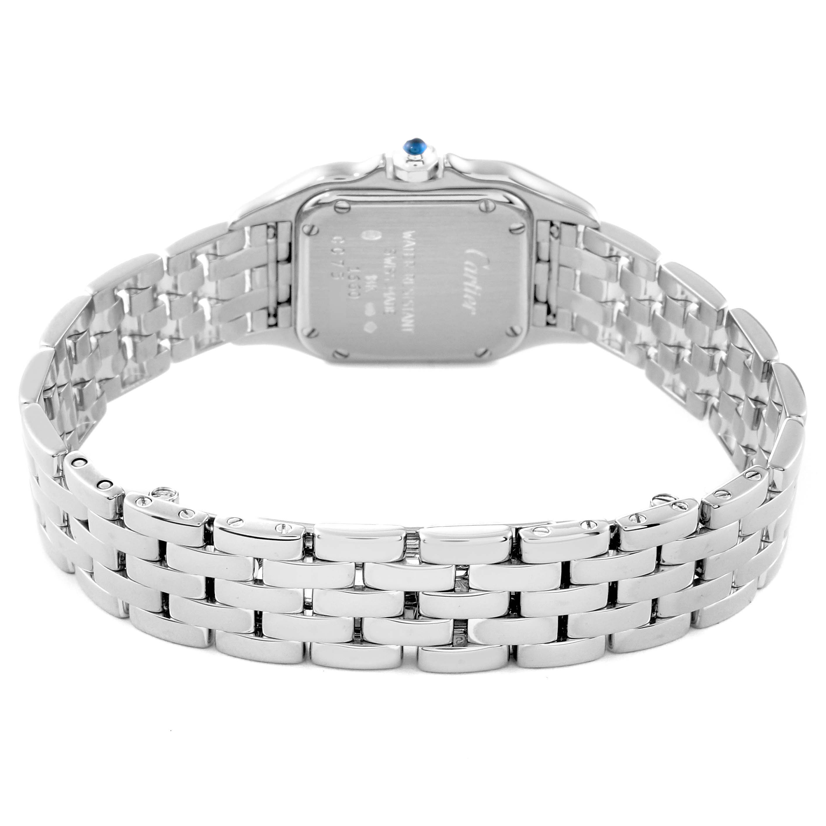 The image shows the back view of the Cartier Panthere W25016F3 Women
s White Gold Silver Dial W25016F3 Women
s White Gold Silver Dial watch, highlighting its case back and stainless steel bracelet.
