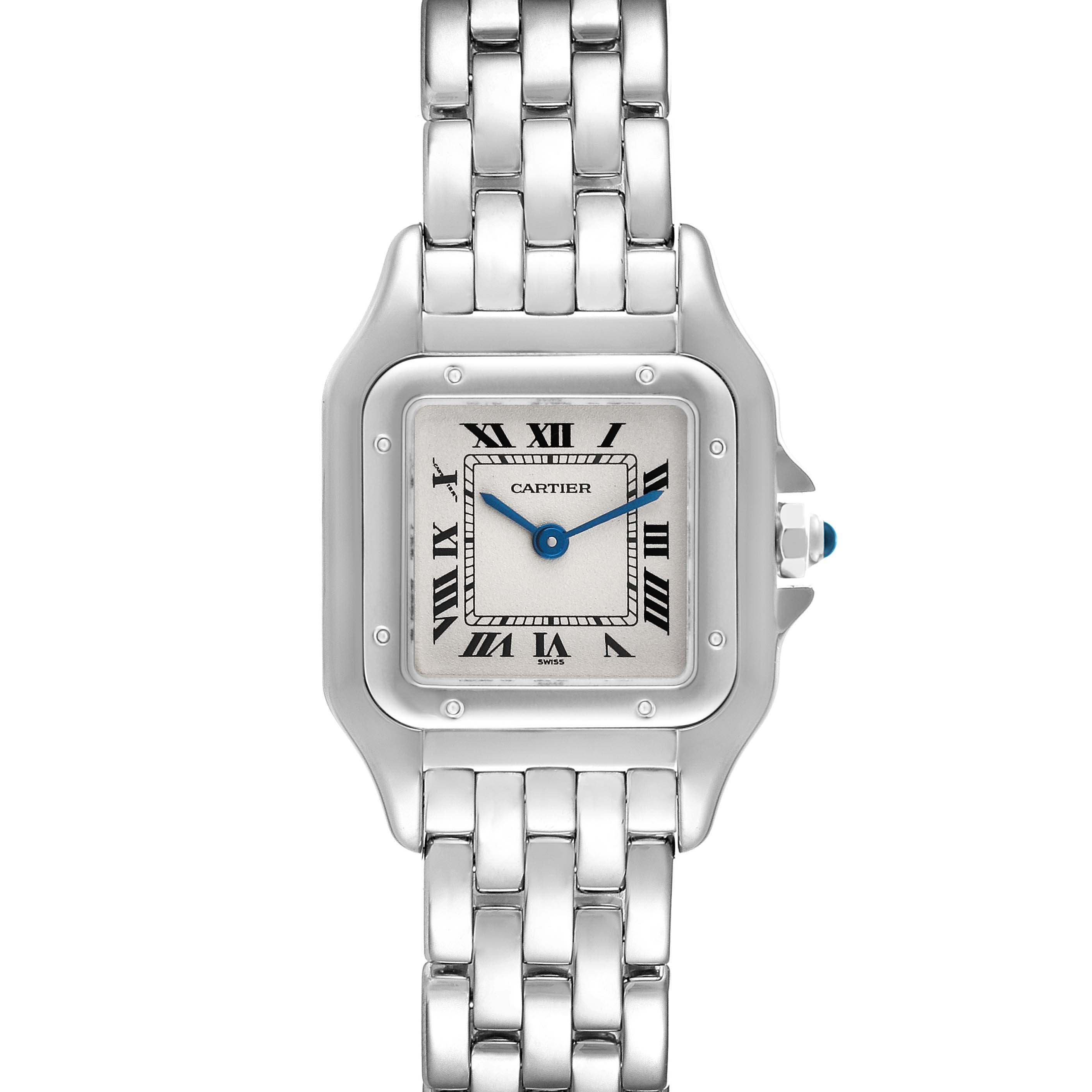 The image shows a front view of a Cartier Panthère watch, displaying its face, bracelet, and crown.