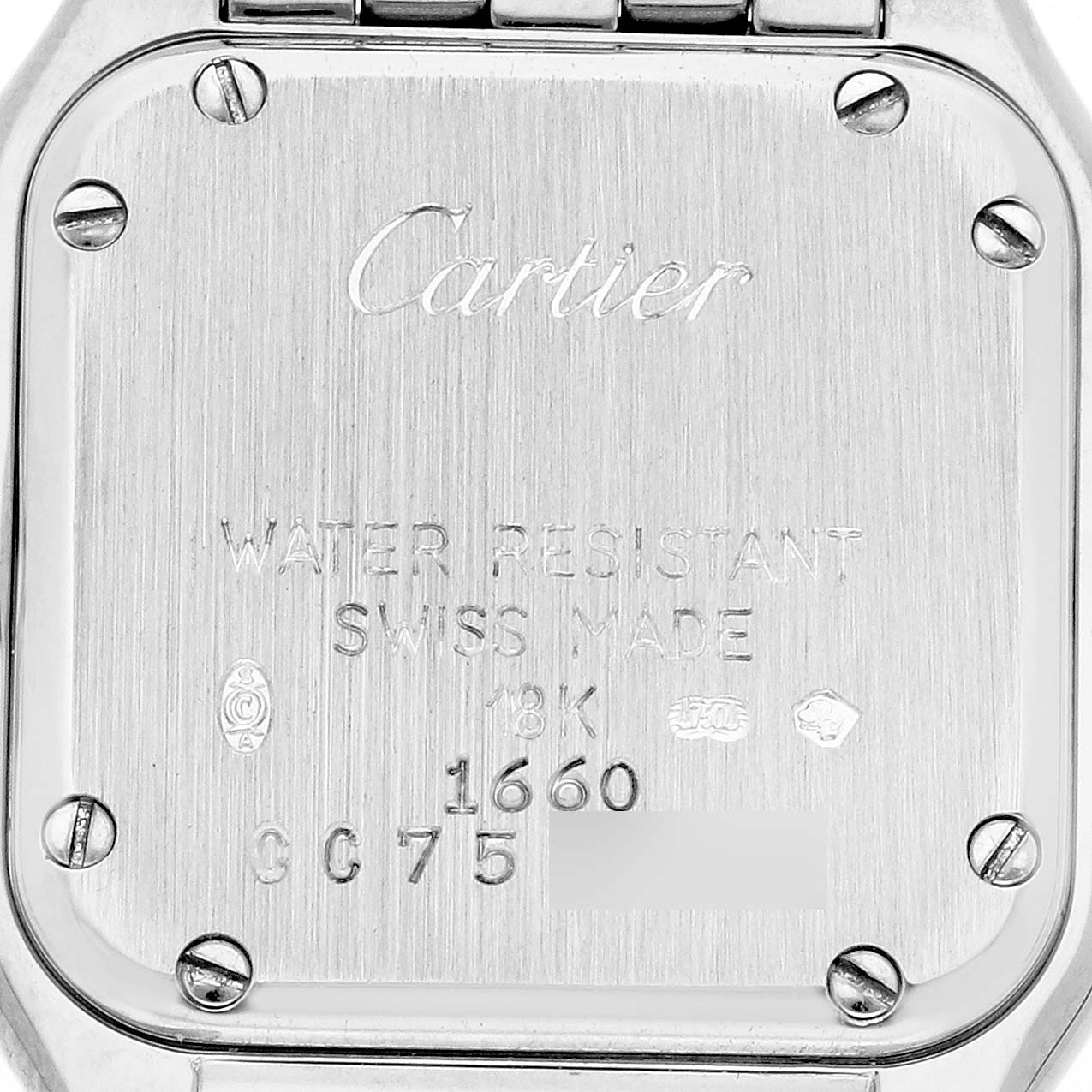 The image shows the back case of a Cartier Panthere W25016F3 Women
s White Gold Silver Dial W25016F3 Women
s White Gold Silver Dial watch, highlighting engraved details and screws.