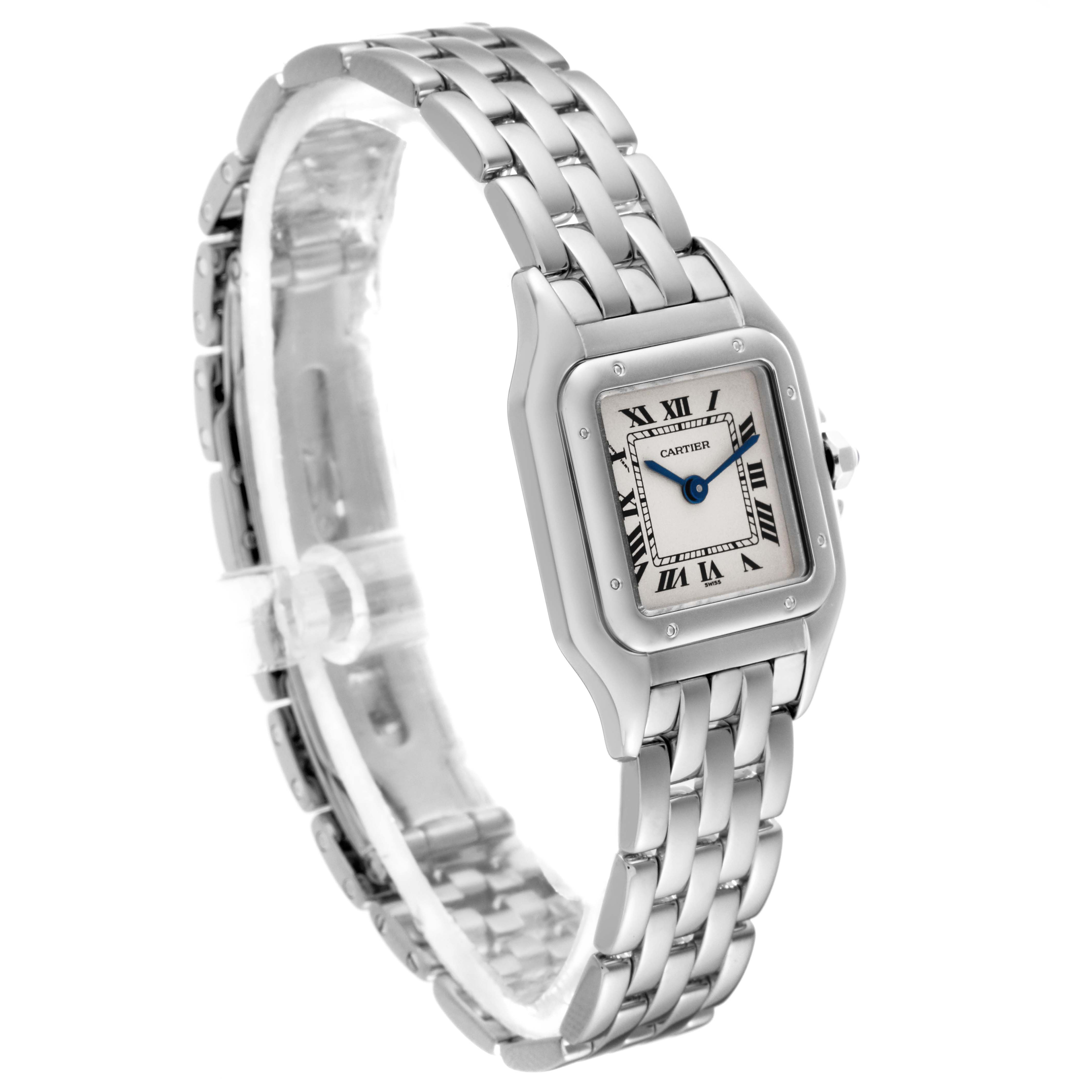 The Cartier Panthere W25016F3 Women
s White Gold Silver Dial W25016F3 Women
s White Gold Silver Dial model watch is shown at a three-quarter angle, highlighting its face, bezel, and bracelet.