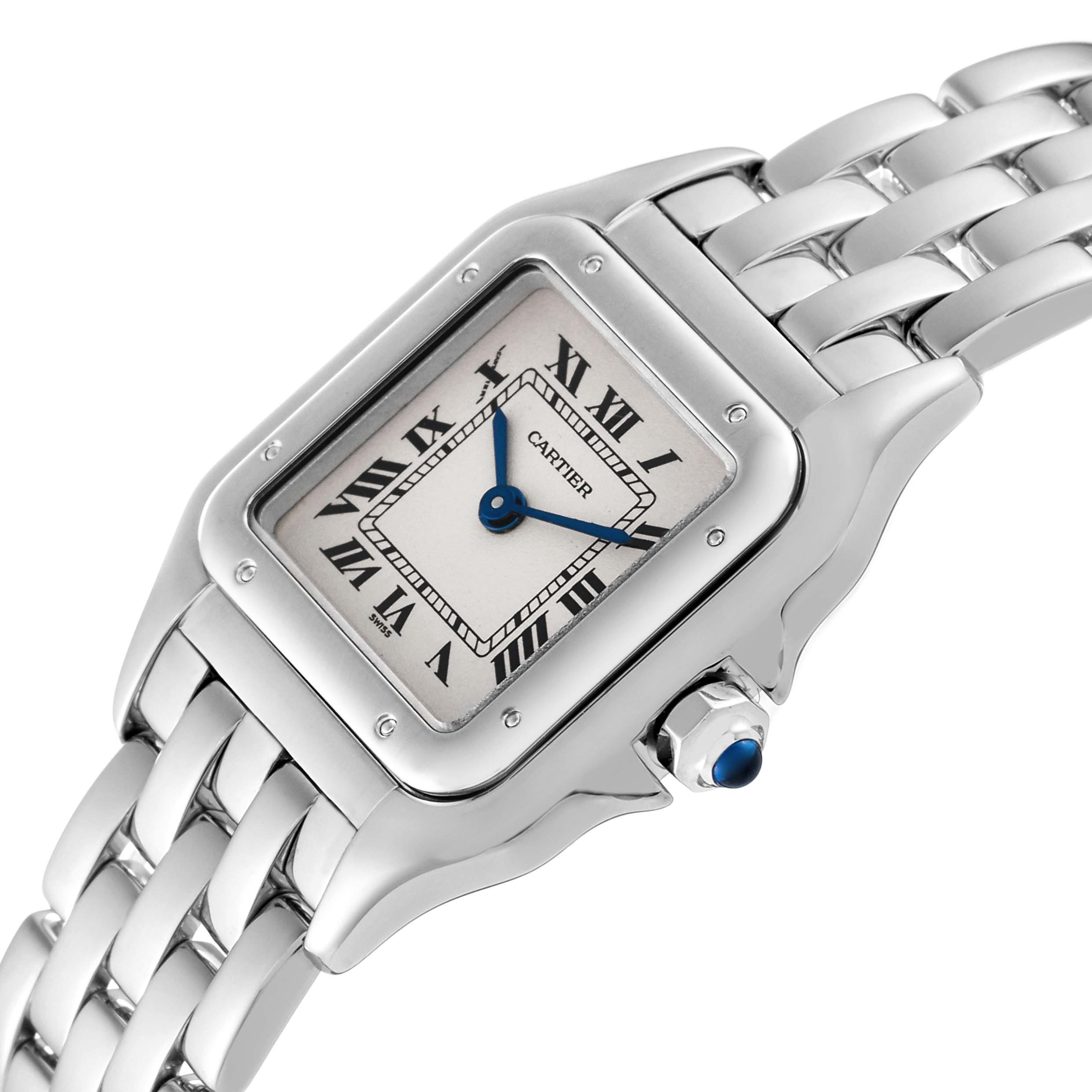 This image shows a close-up angled view of a Cartier Panthere W25016F3 Women
s White Gold Silver Dial W25016F3 Women
s White Gold Silver Dial watch, highlighting the face, bezel, crown, and bracelet.