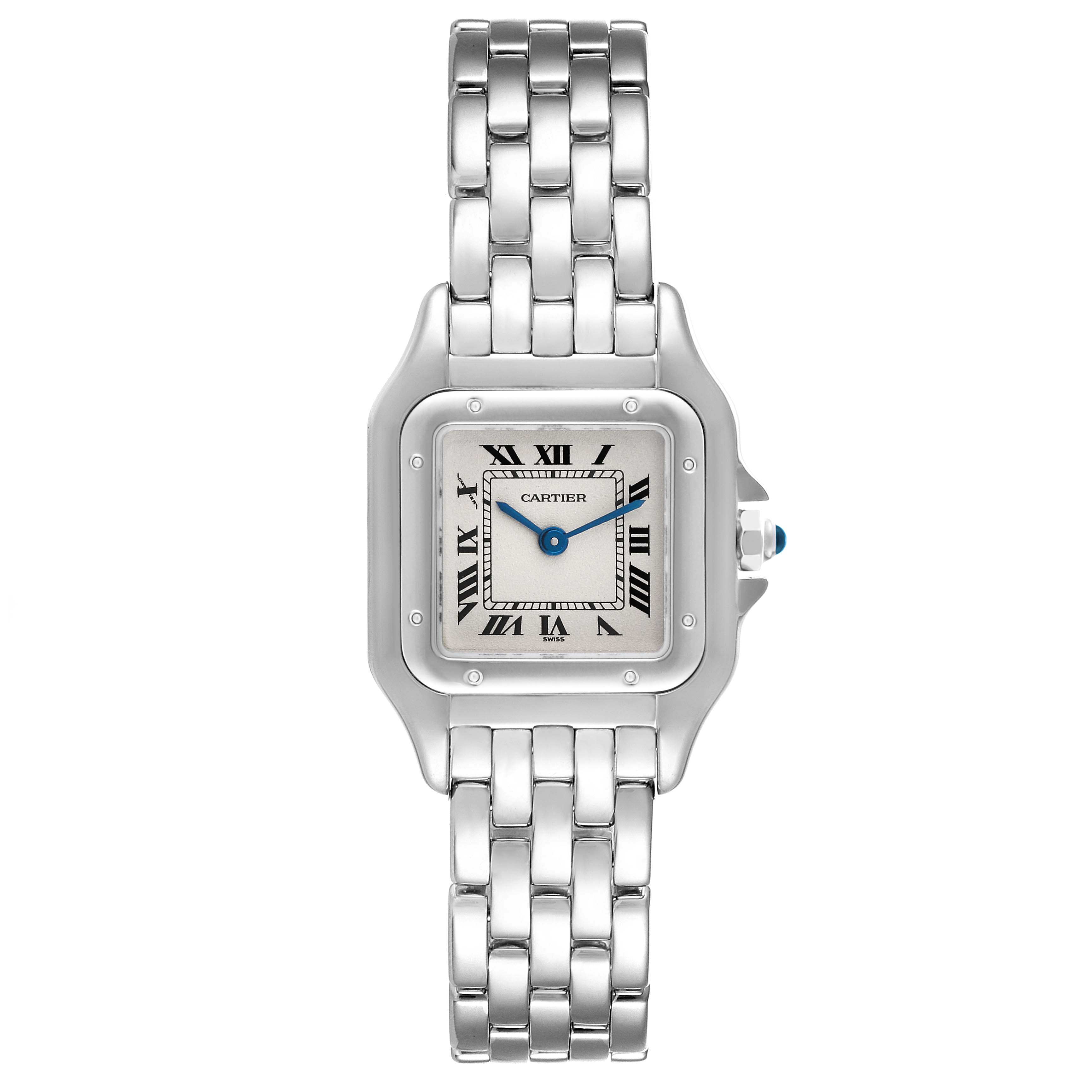 The image shows a frontal view of the Cartier Panthère watch, displaying its face, bracelet, and crown.