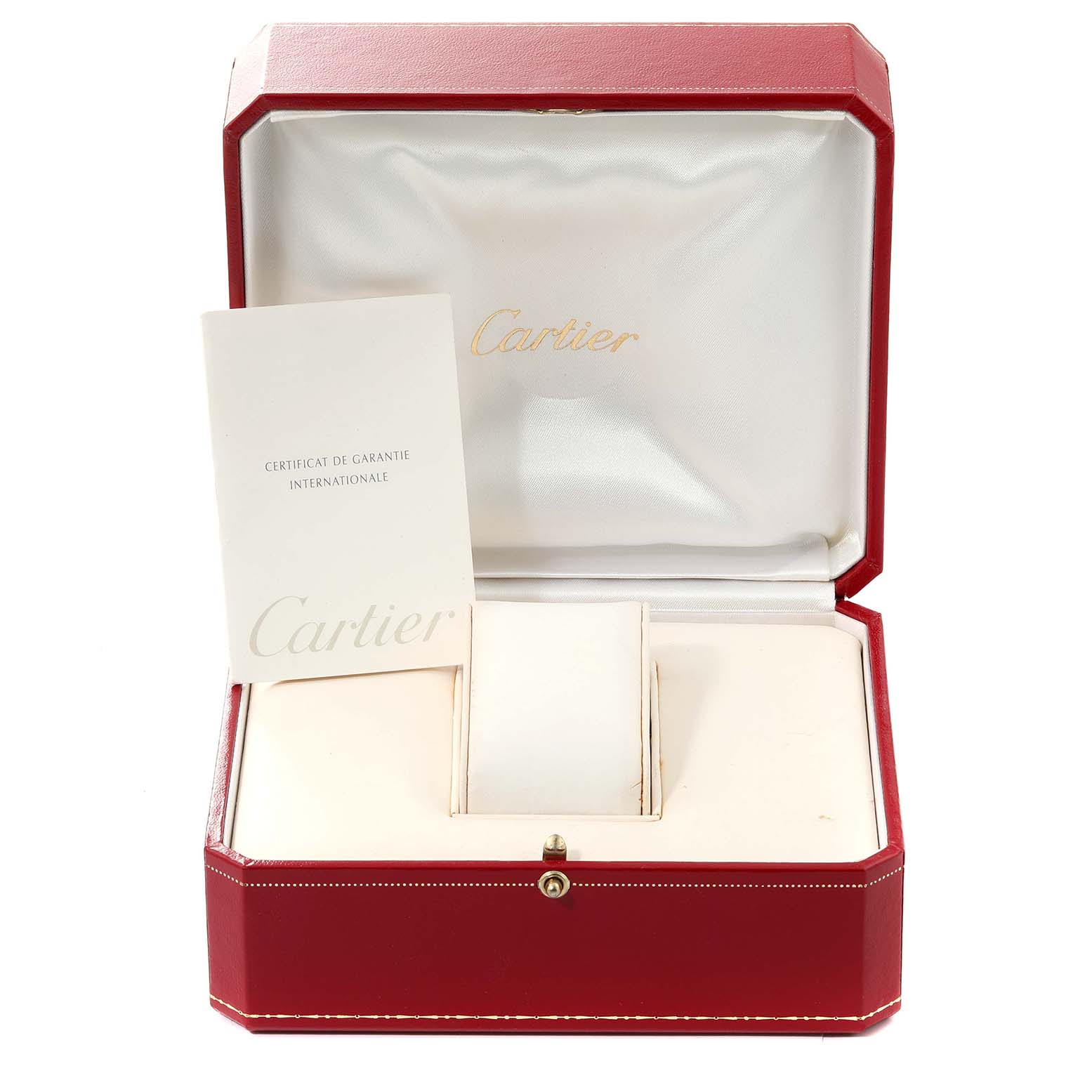 The image shows the open presentation box and warranty card for the Cartier Panthere W25016F3 Women
s White Gold Silver Dial W25016F3 Women
s White Gold Silver Dial model watch.