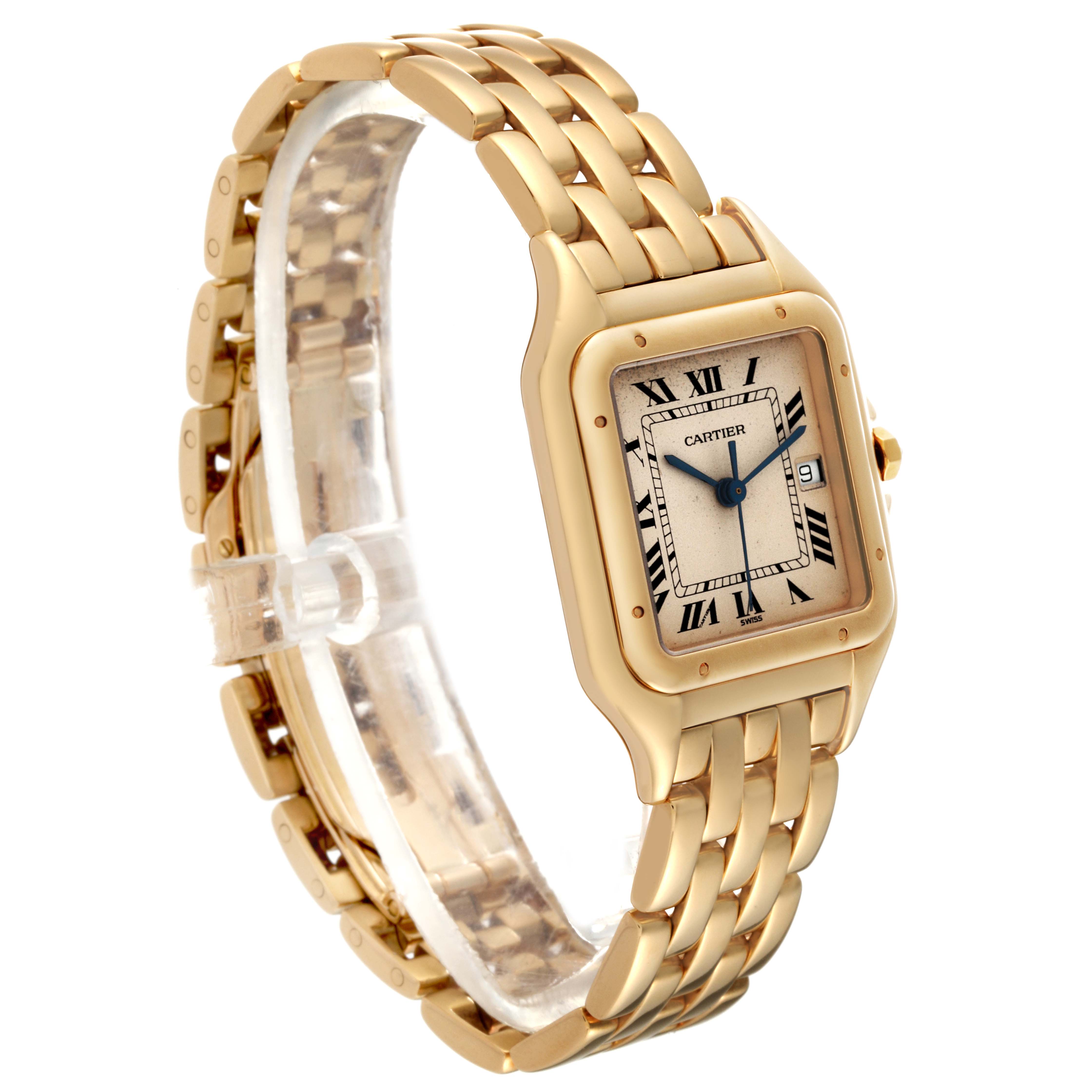 The Cartier Panthere W25014B9 Men's Yellow Gold Silver Dial W25014B9 Men's Yellow Gold Silver Dial watch is shown from an angled side view, highlighting the case, dial, and bracelet.