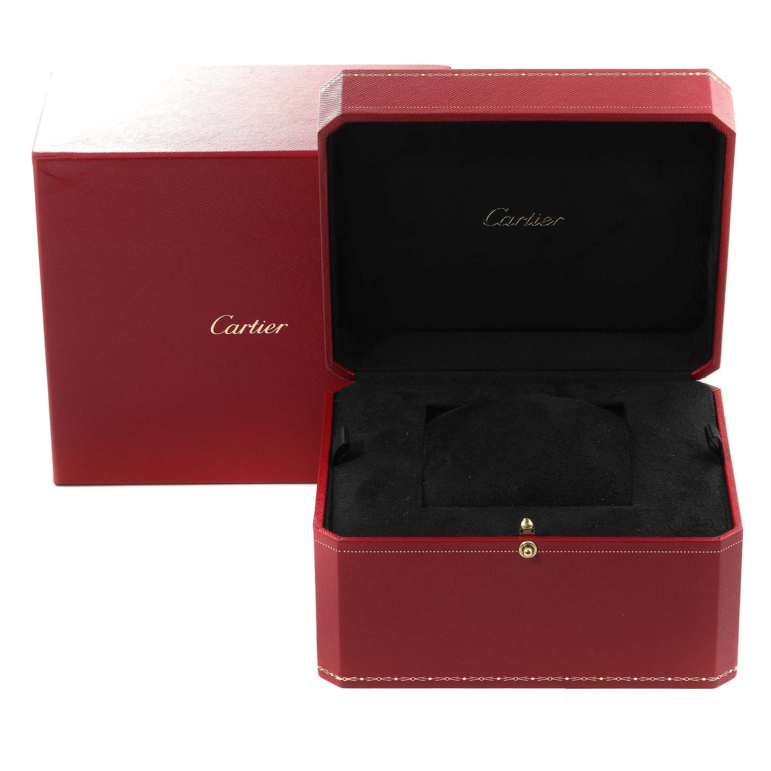 The image shows the open red and black box for a Panthere model by Cartier, highlighting its interior.