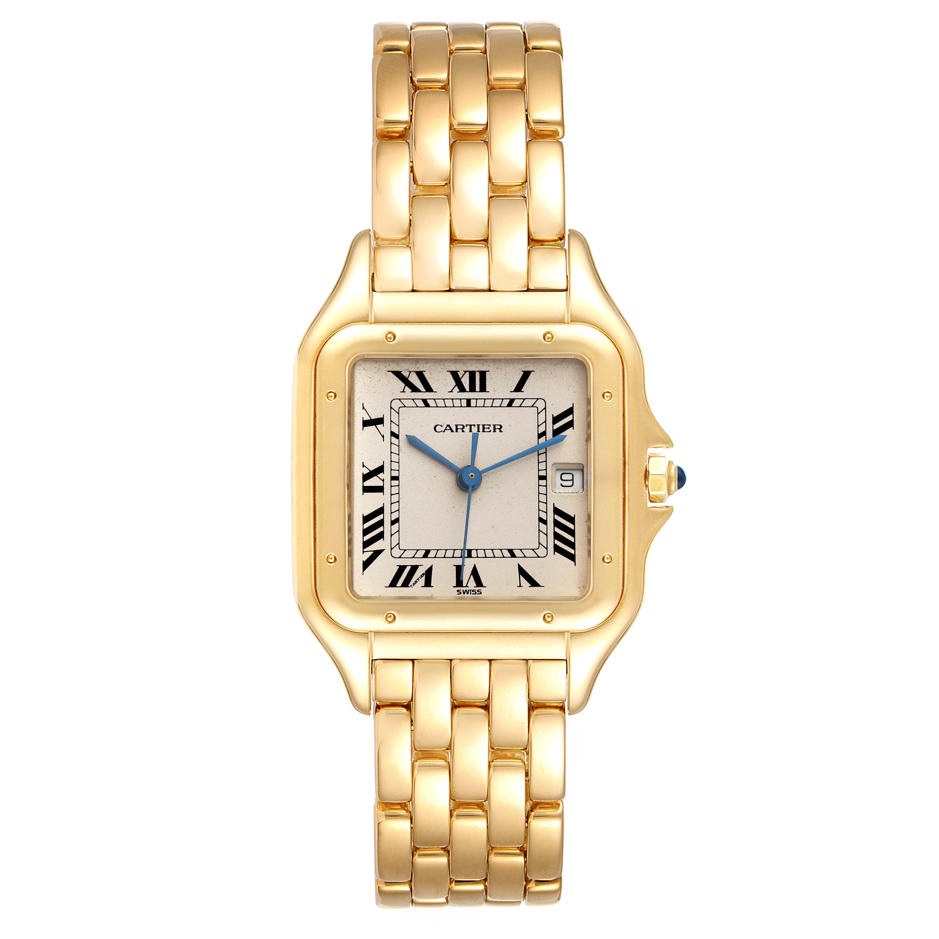 This image shows a Cartier Panthere W25014B9 Men's Yellow Gold Silver Dial W25014B9 Men's Yellow Gold Silver Dial watch front view, displaying the face, bracelet, and bezel.