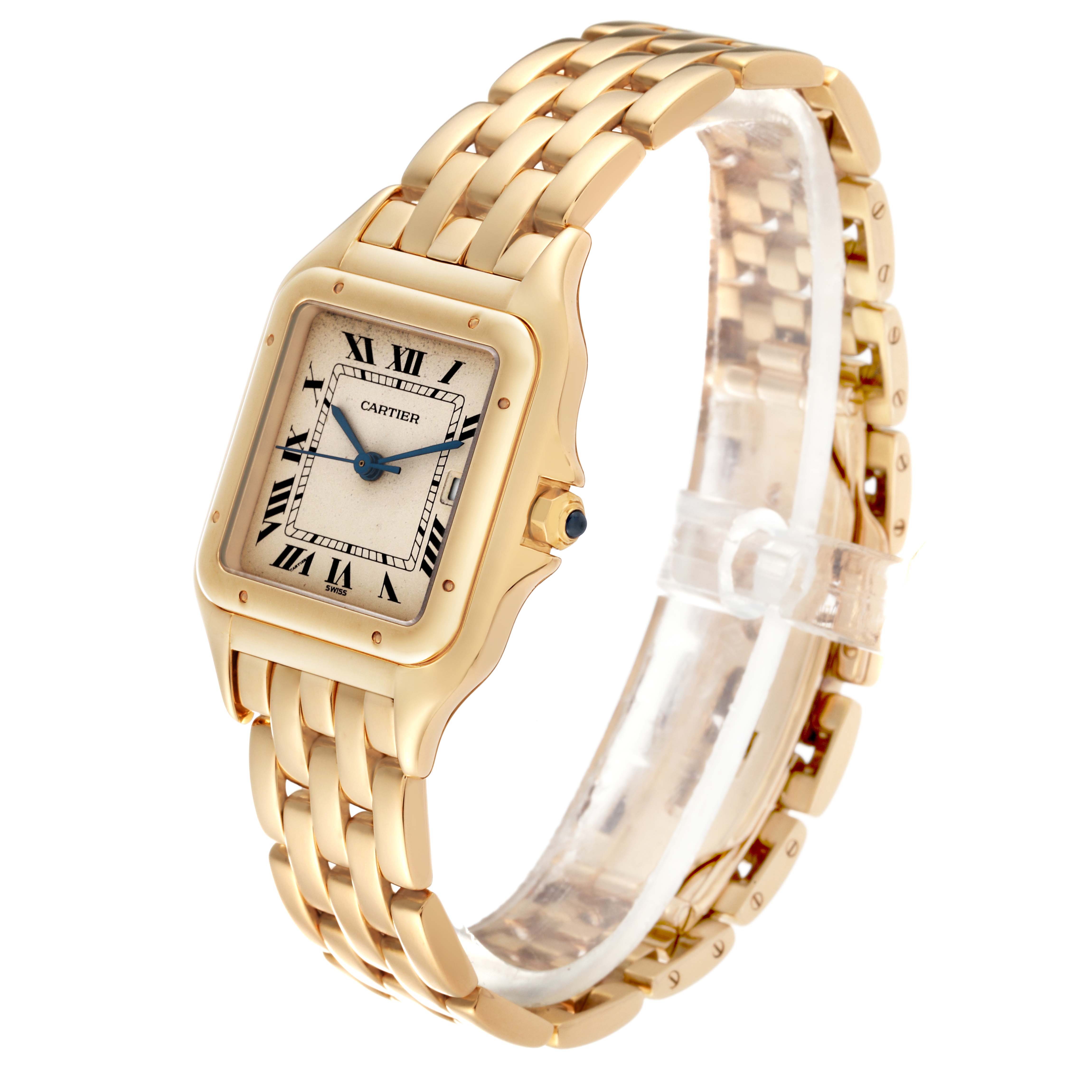 This Cartier Panthere W25014B9 Men's Yellow Gold Silver Dial W25014B9 Men's Yellow Gold Silver Dial model watch is shown at a three-quarter angle, highlighting its face, bezel, and bracelet.